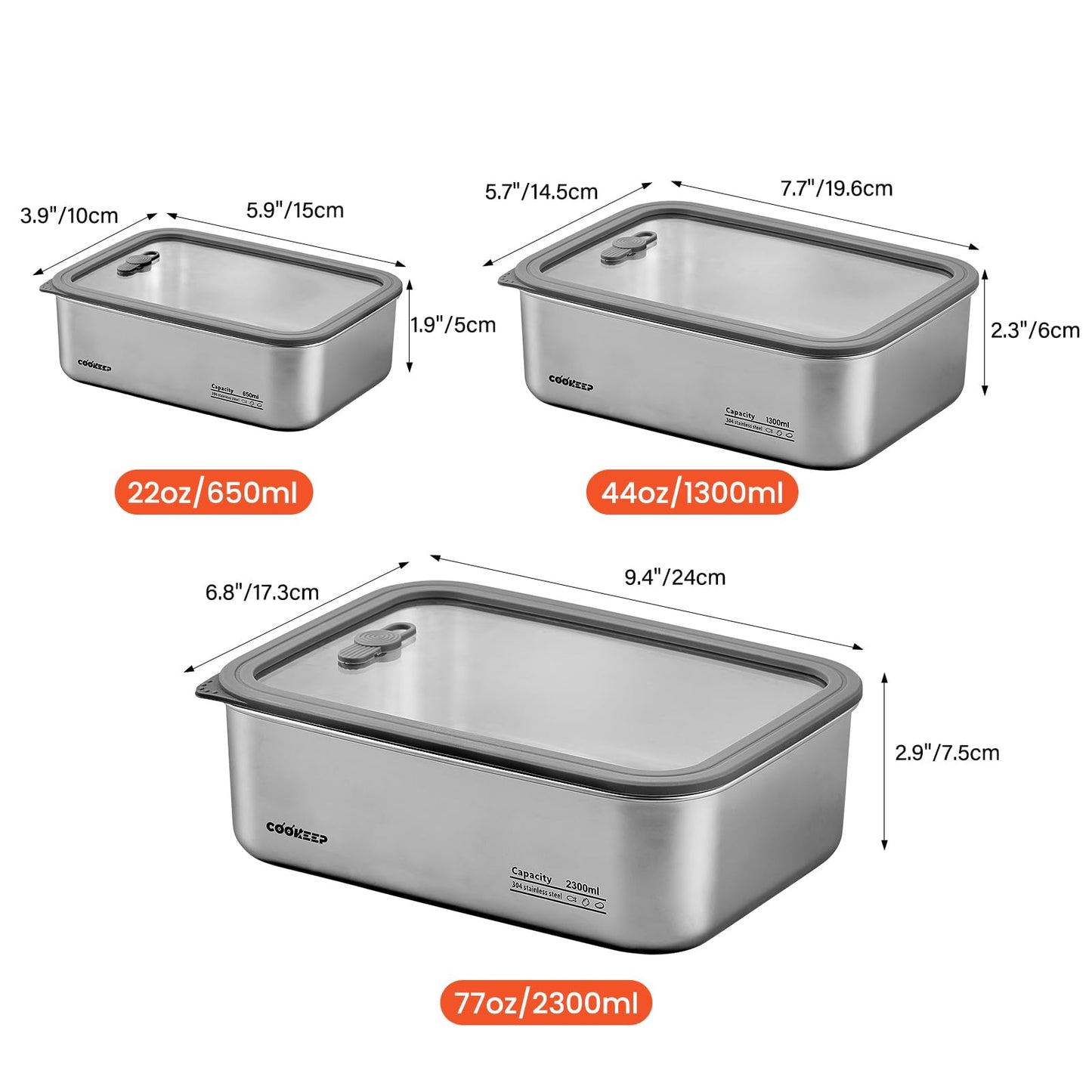 3Pcs Stainless Steel Food Containers,Stainless Steel Containers with Lids,Snack Containers,Lunch Box,Easy Clean,Airtight&Leakproof for Kitchen Storage,Dishwasher Safe,BPA-Free (22oz+44oz+77oz)