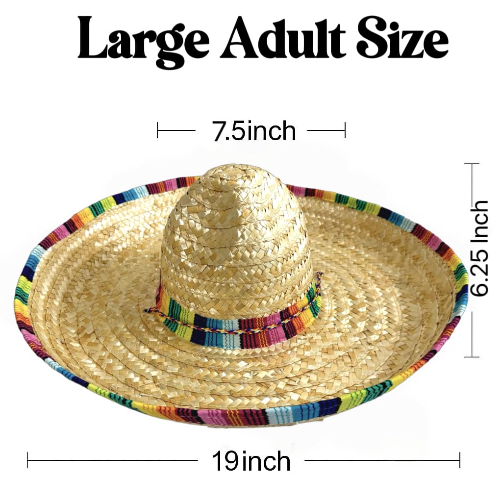 GiftExpress Straw Sombrero Hat 19" Wide, Adult Unisex Mexican-Style Fiesta Hat with Serape Band & Adjustable Chin Strap for Cinco de Mayo, Halloween & Party Costumes