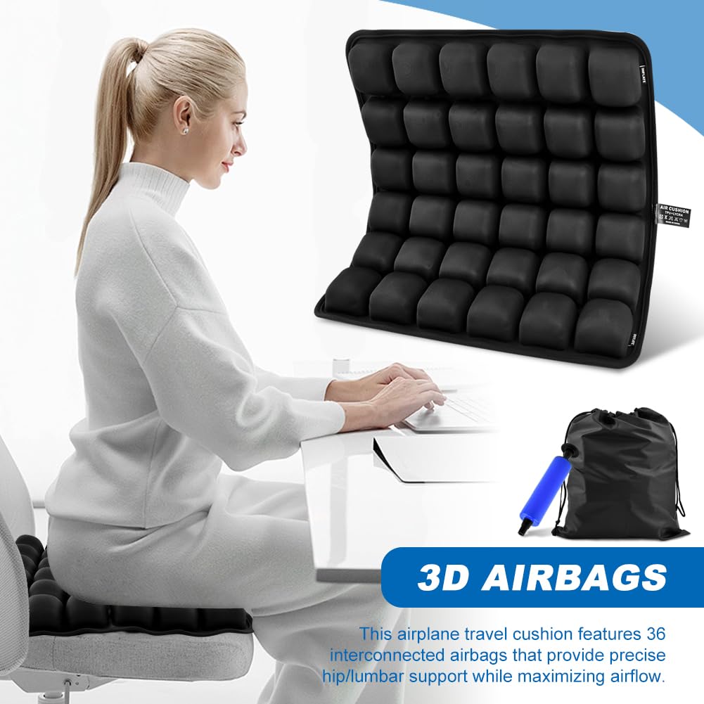 Yonderfume 3D Air Cell Inflatable Seat Cushion, 36 Airbags Airplane Seat Cushion for Long Flights, Pressure Relief for Tailbone & Hip Pain, Wheelchair Cushions with Air Pump