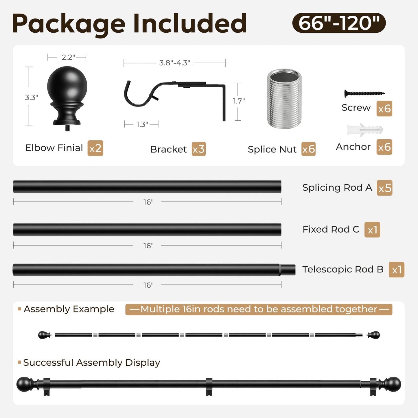 Zeerobee Curtain Rods for Windows 66 to 120, 1 Inch Adjustable Heavy Duty Black Curtain Rod, Outdoor Indoor Room Divider Modern Drapery Pole, 66-120"