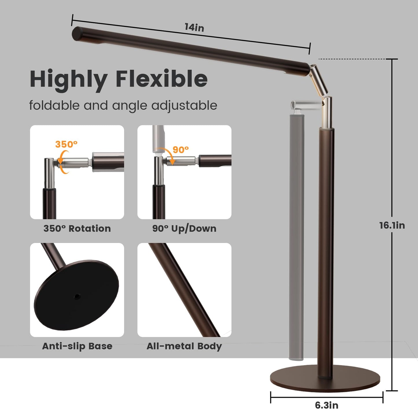 SIBRILLE Brown LED Desk Lamp, 16" Dimmable Metal Desk Light with Base, 15W 1200LM, Adapter Included, Color & Brightness Adjustable, Modern Tall Table Lamp for Home Office Reading Study Task Laptop