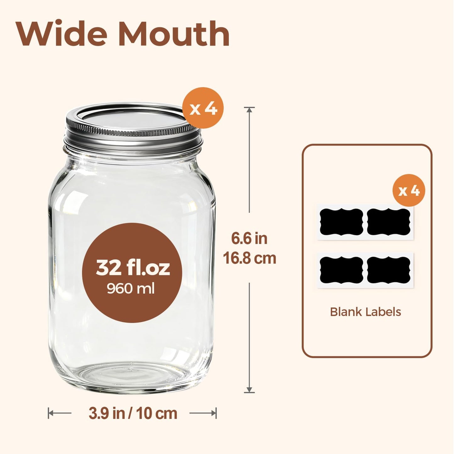 ComSaf Wide Mouth Mason Jars 32 oz with Lids 4 Pcs, Quart Mason Jars with Seal Band, Large Glass Jar, Big Canning Containers for Pickles, Jams, Sauces, Salsa, Sourdough, Juice, Suntea, Food Storage