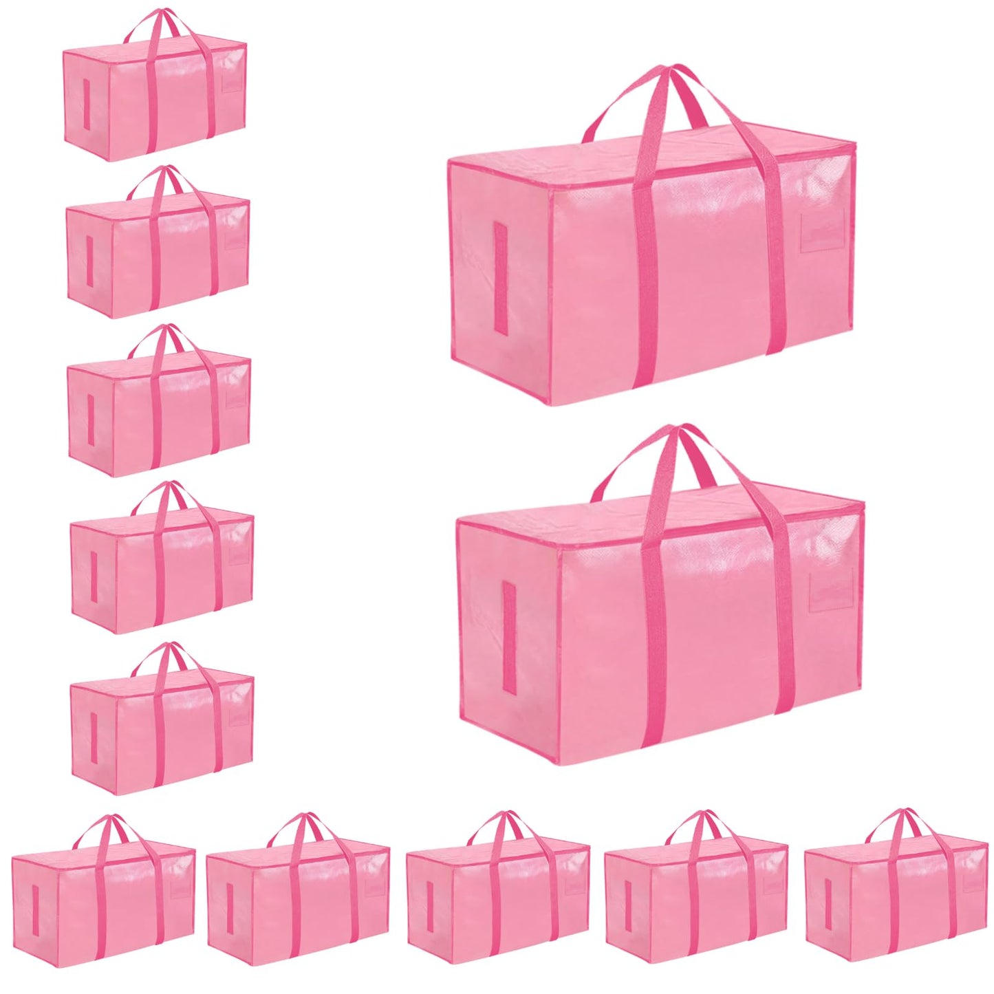12 Pack-Extra Large Heavy Duty Moving Bags - Waterproof Storage Totes with Handles & Zippers, Foldable for College Dorm, Storage (Pink)