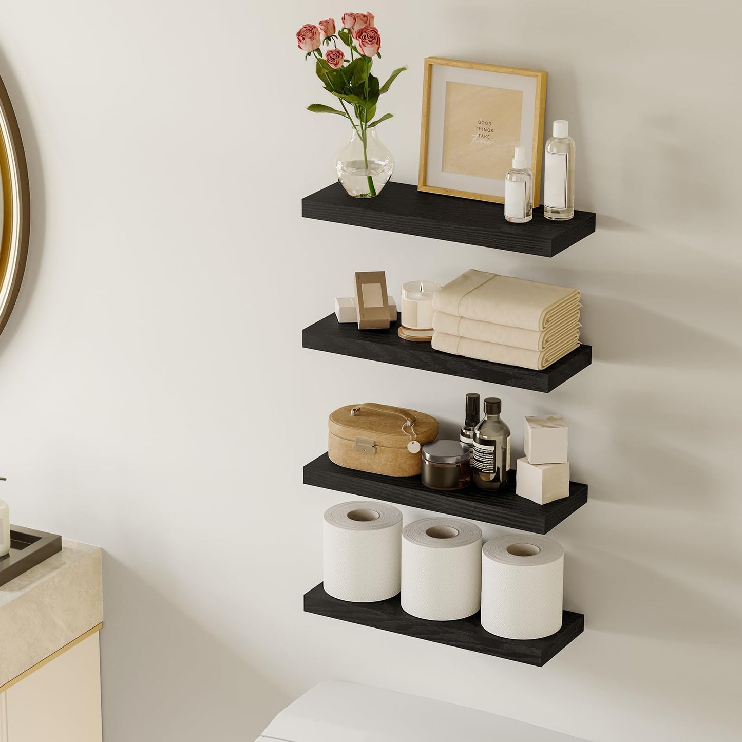 Fixwal Black Floating Shelves for Wall, Rustic Wood Shelves for Bathroom, Living Room, Bedroom and Kitchen, Wall Shelves for Storage, Books, Room Decor (Set of 4, 15.8 Inch)
