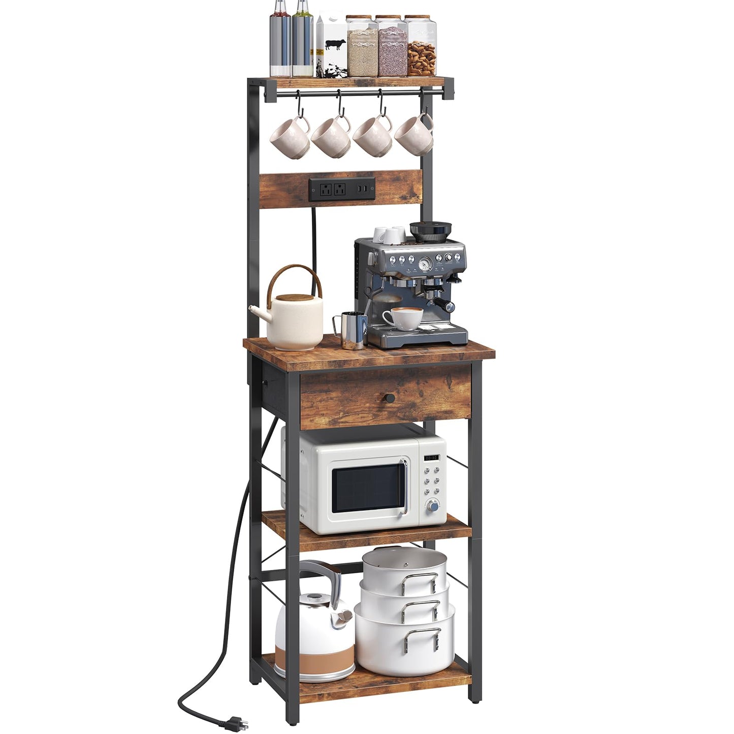 MAHANCRIS Bakers Rack with Drawer, Microwave Stand with Power Outlet, Coffee Bar Station with 4 Hooks, Kitchen Storage Shelf Rack 4 Tiers, for Kitchen, Dining Room, Rustic Brown and Black BRHR48E01