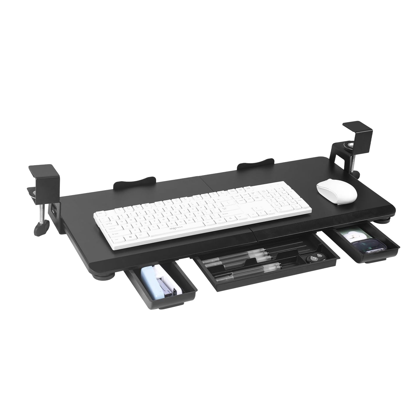 OUKMIC Large Keyboard Tray Under Desk Slide Out with Sturdy C-Clamp Mount and Storage Drawer, 27" (31" Including Clamps) x 12" Ergonomic Keyboard Trays for Home and Office, Black