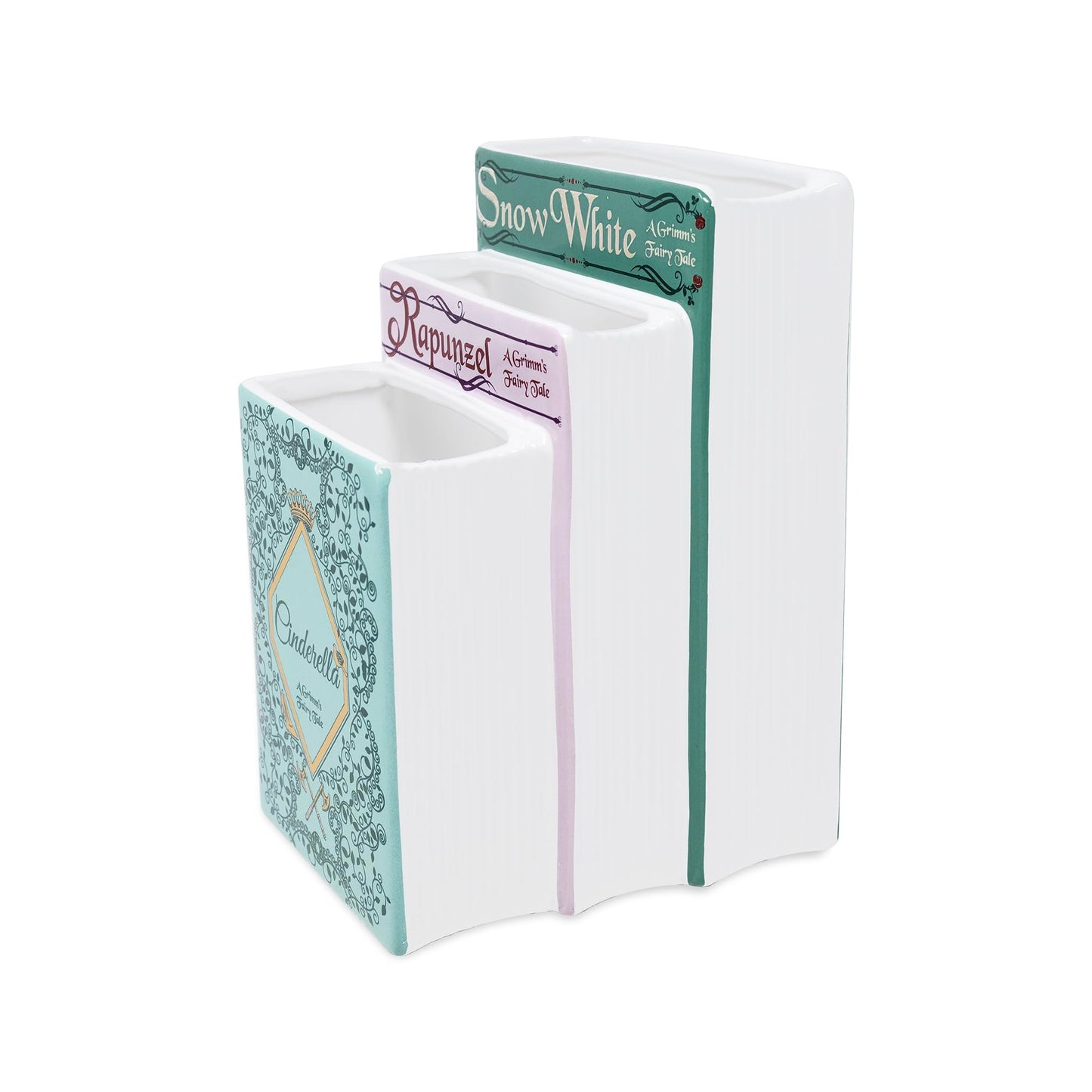 Steel Mill & Co Original Triple Book-Shaped Decorative Vase, Tiered Ceramic Bookshelf Decor, Unique Flower Holder for Book Lovers, Grimm's Fairy Tales