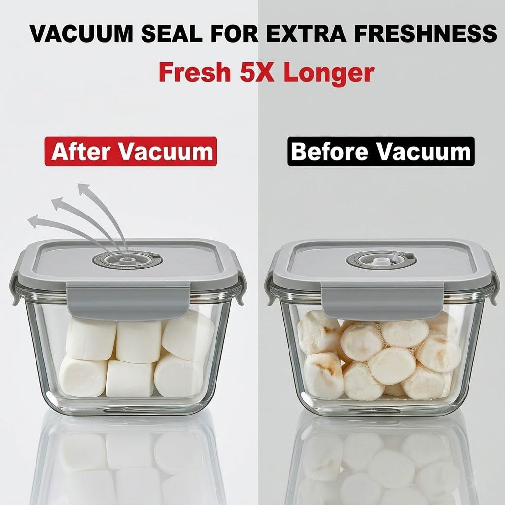 3-Piece Square Glass Vacuum Food Storage Containers Set with Hand Pump & 10 Sealer Bags, Borosilicate Airtight Meal Prep Lids with Date Tracker, Leakproof, Freezer & Microwave Safe [18/27/42 Oz]