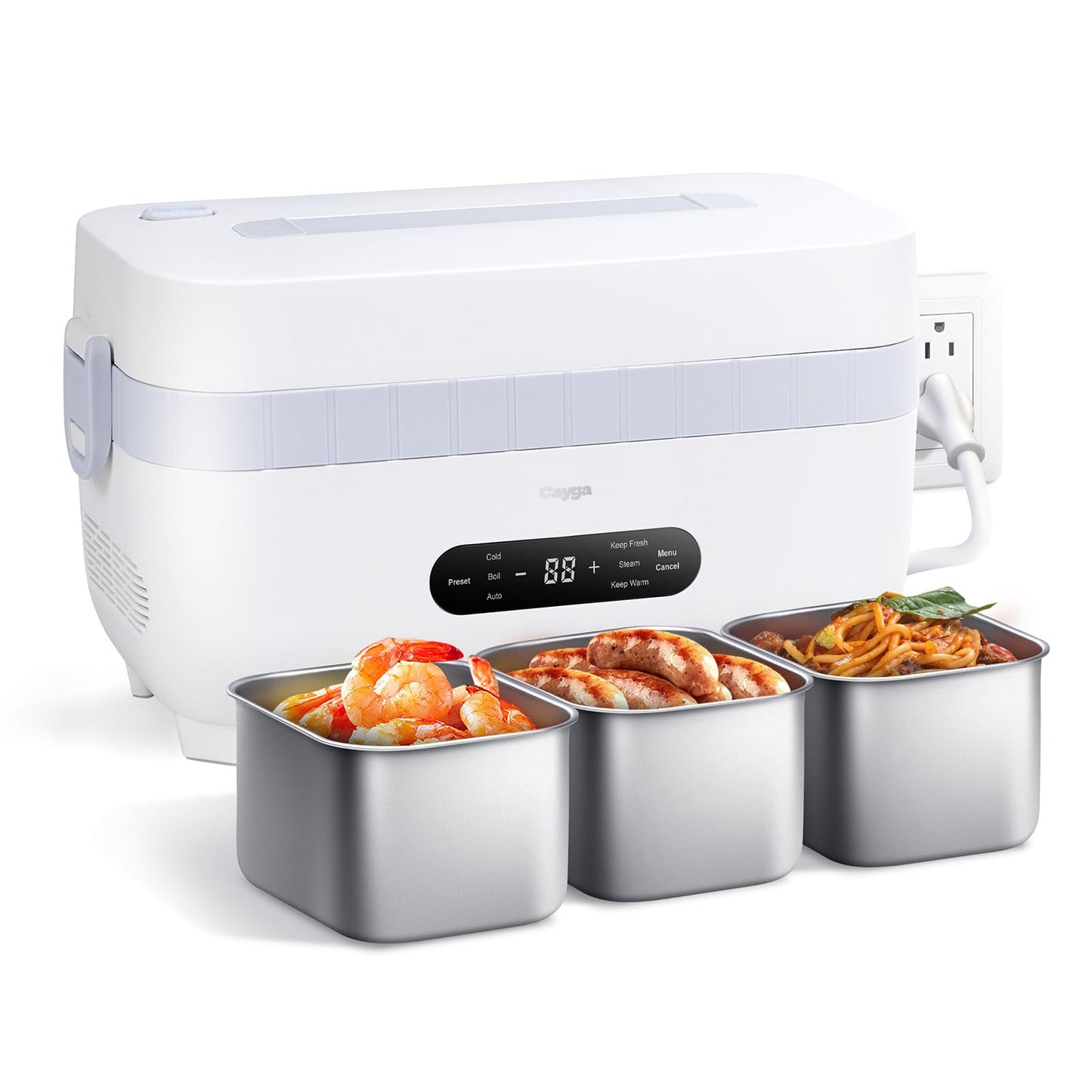 110V Plug-in Multi-Function Electric Cooling Lunch Box with 5.5-Cup Automatic Heating Portable Food Warmer with Removable Tray Divider for Office Work Travel (White)