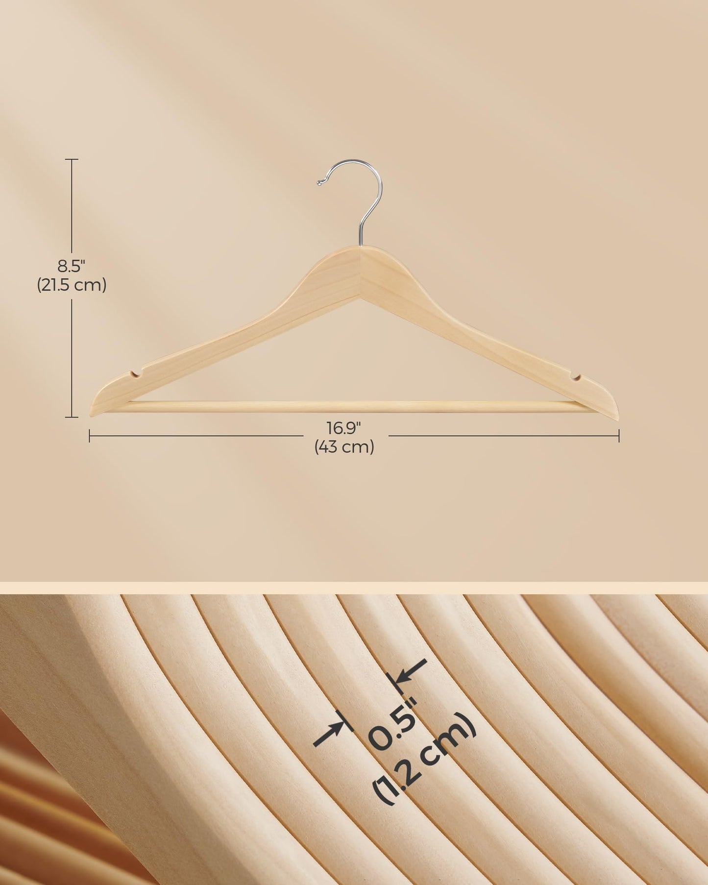SONGMICS Wooden Hangers, Pack of 24, Coat Hangers, Non-Slip, Pants Bar, 360° Swivel Hooks, for Jackets, Shirts, Coats, Natural Wood UCRW010N24