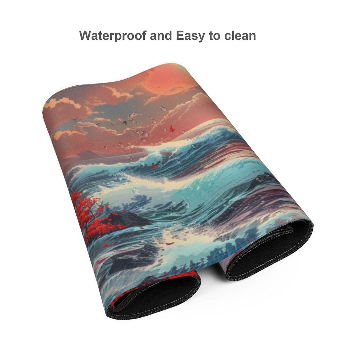 ZOCOZY XXXL Japanese Sea Wave Desk Mat 48"x24" - Full Desktop Protector & Non-Slip Gaming Mouse Pad with 3mm Thick Base & Stitched Edge for Dual Monitors, Office & Home