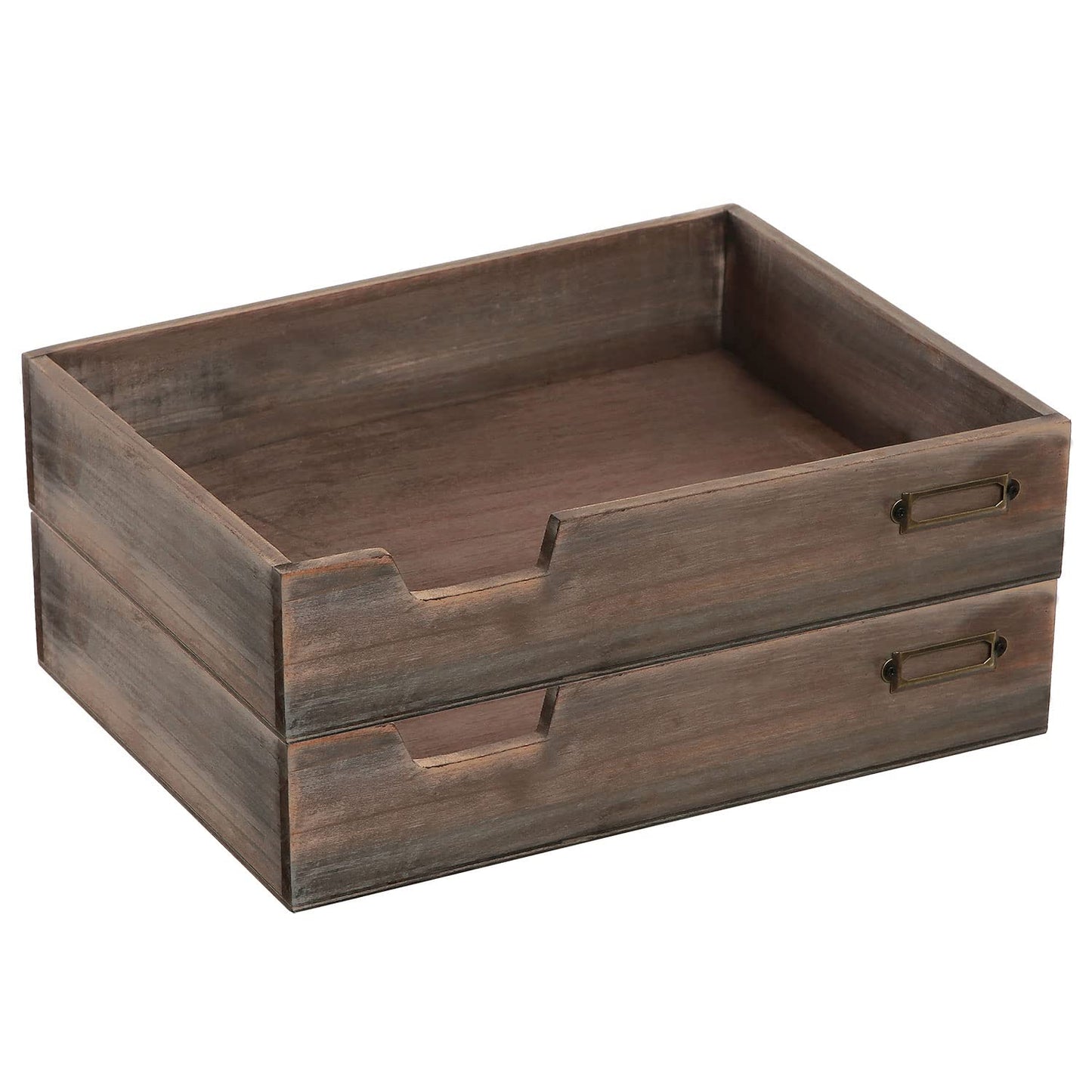 MyGift Set of 2 Vintage Distressed Finish Brown Wood Stackable Office Desktop Document Letter Paper Tray