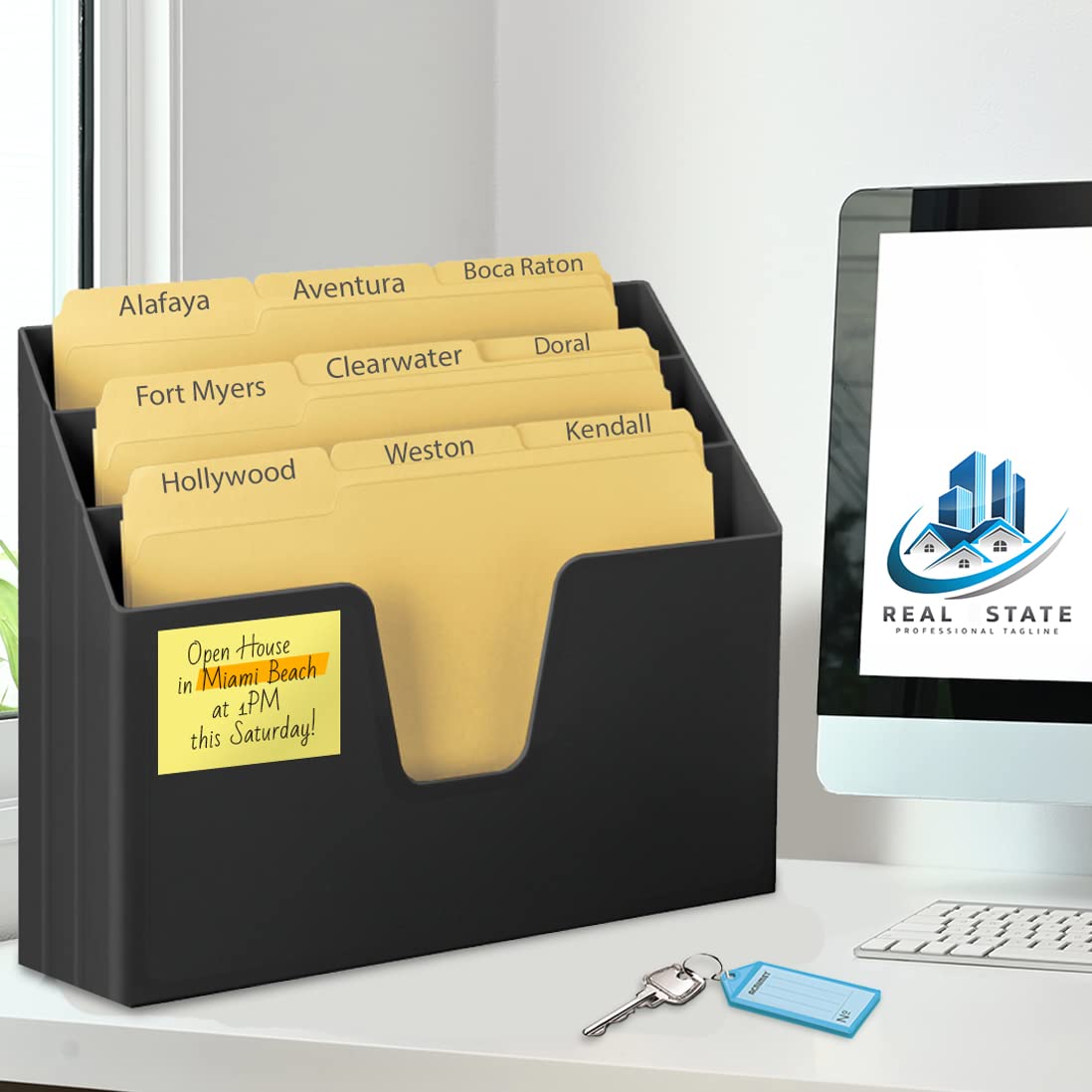 Acrimet Horizontal Triple File Folder Holder Organizer, Open-Top Desktop Document Sorter for Letter Size Papers & Folders, Includes 9 Manila Folders, Plastic Black