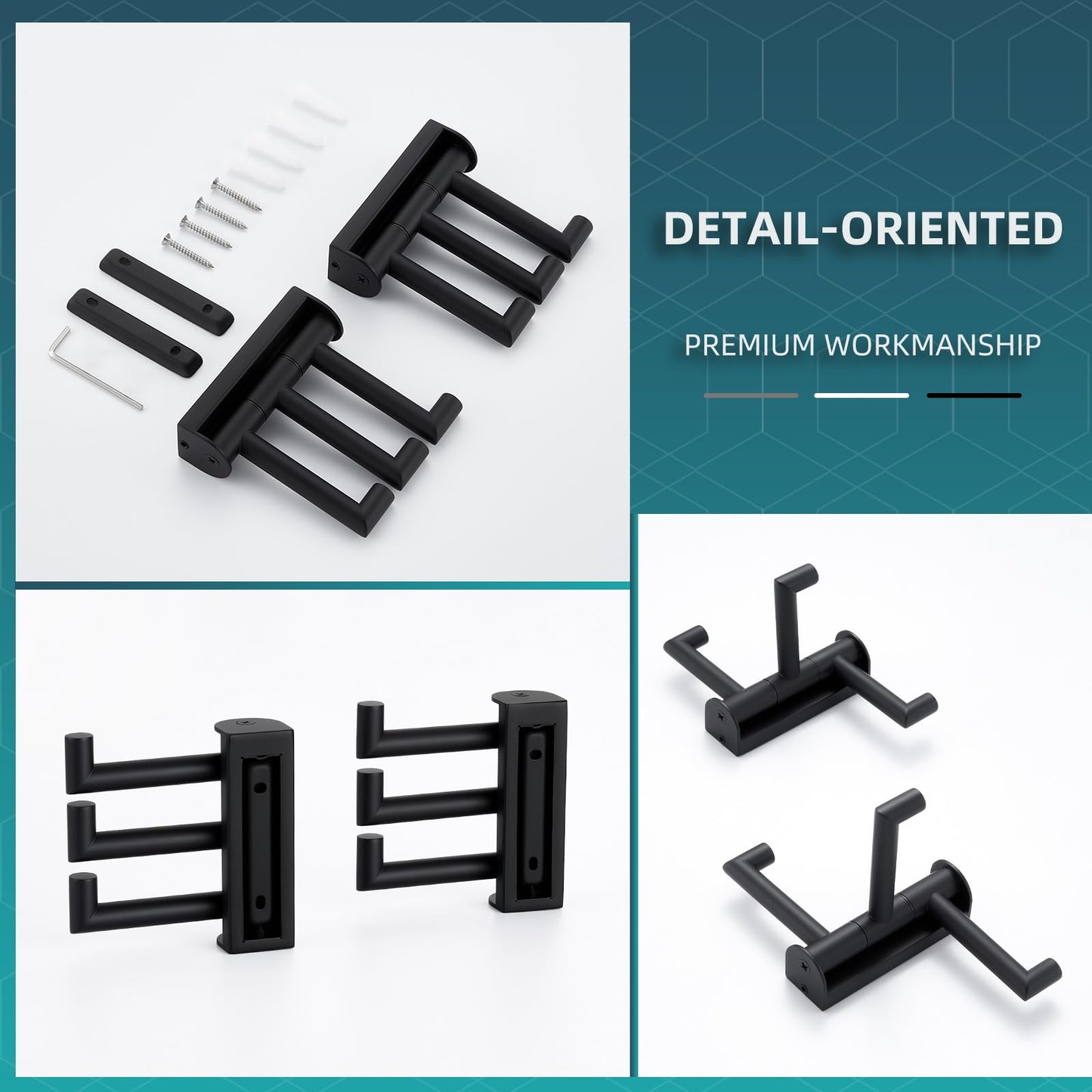 Angle Simple Swivel Towel Hooks for Bathroom, SUS 304 Stainless Steel Foldable 3 Arms Robe Towel Holder, Shower Wall Coat Hooks, Matte Black, 2 Pack