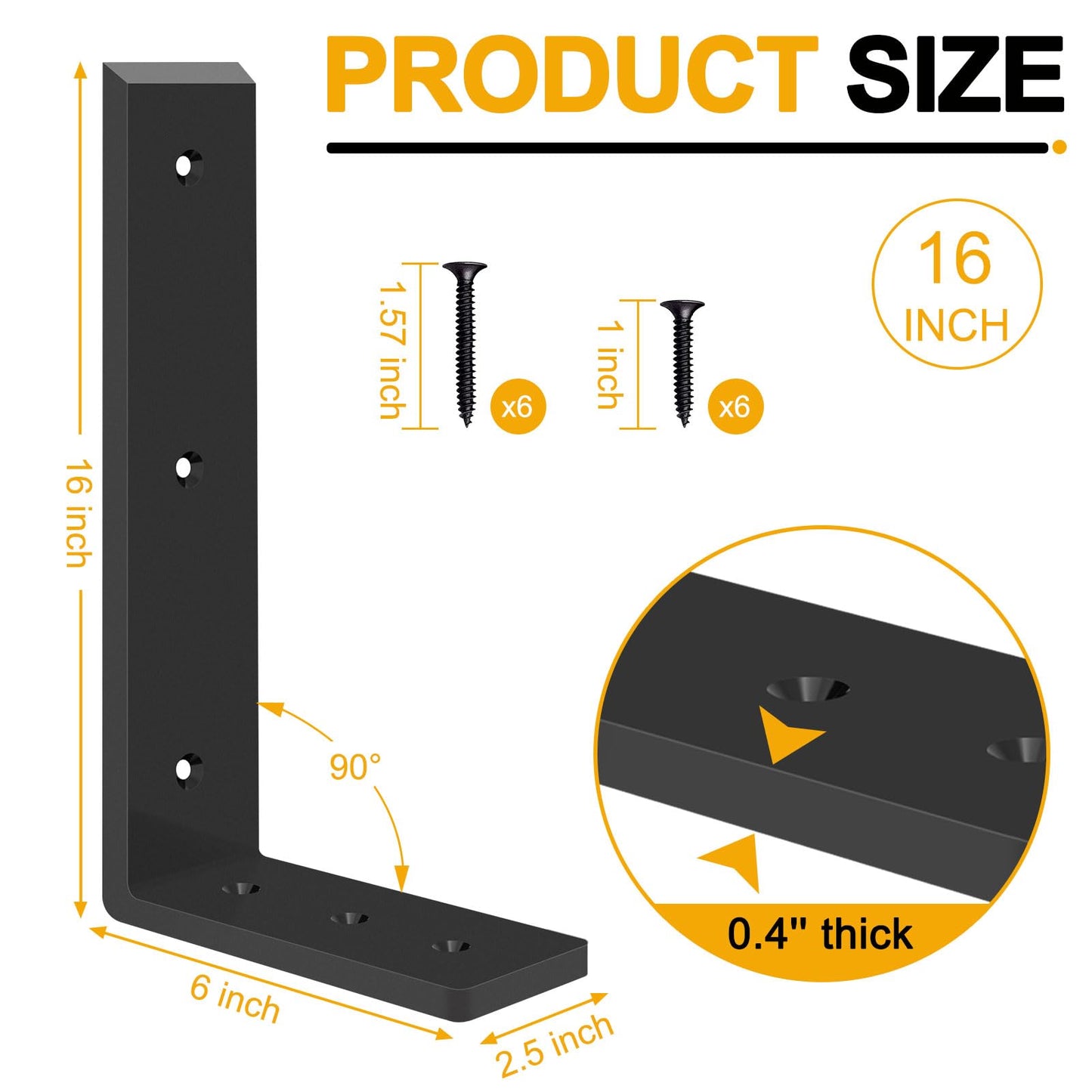 Lusheer Countertop Support Brackets, Heavy Duty L Shelf Bracket 16'' x 6'' x2.5'' for Granite, Holds up to 300 lbs, L Bracket for Quartz, Granite, Wood, Concrete and Laminate Countertops(2 Pack)