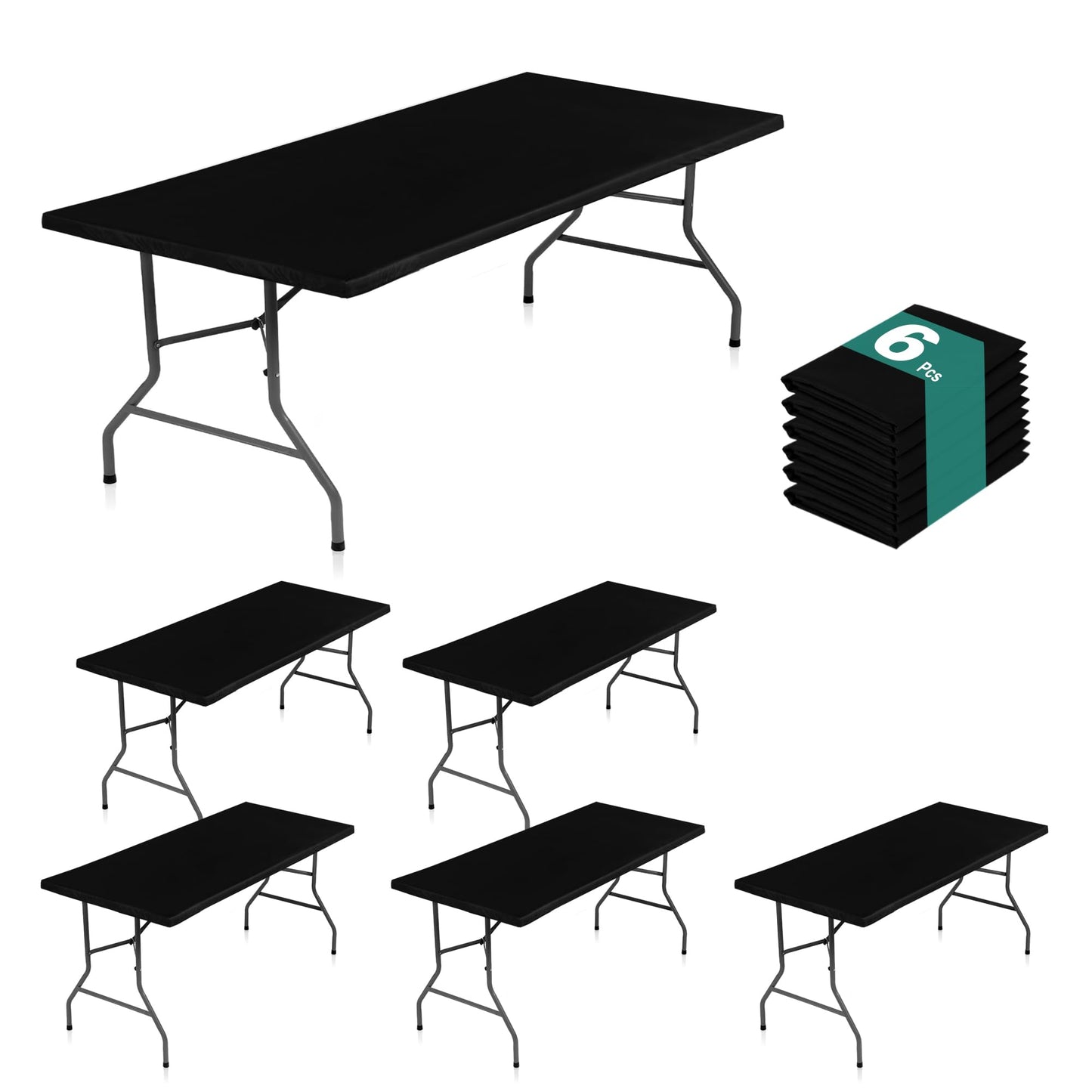 LUSHVIDA 6 Packs Vinyl Tablecloths with Flannel Backing for 8ft Rectangle Folding Table Cloths - Waterproof Plastic Picnic Table Covers with Elastic Corners, 30x96 inch, Black