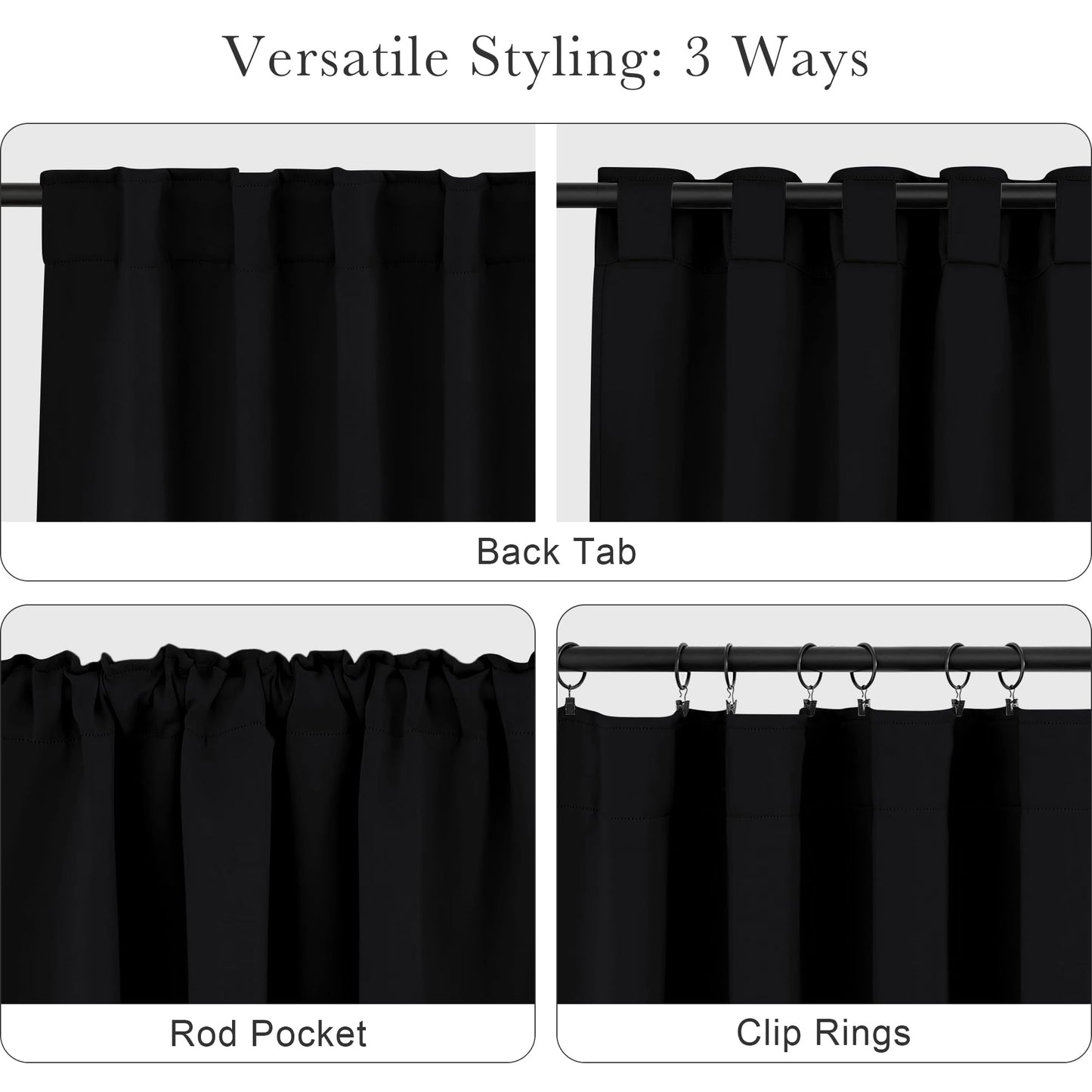 PONY DANCE Blackout Curtains 96 inch Long, Room Darkening Ceiling to Floor Curtains for Bedroom, Thermal Insulated Drapes for Living Room Window, Back Tab/Rod Pocket, 52 Inch Wide, 2 Panels, Black