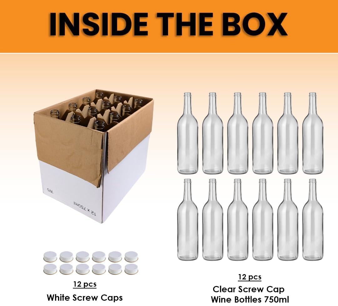 FastRack 750ml Clear Glass Wine Bottles with White Metal Screw Caps (Pack of 12) | Empty W5 Flint Bordeaux Bottles for Homemade Wine, Juice, Kombucha, Spirits & Beverage Storage