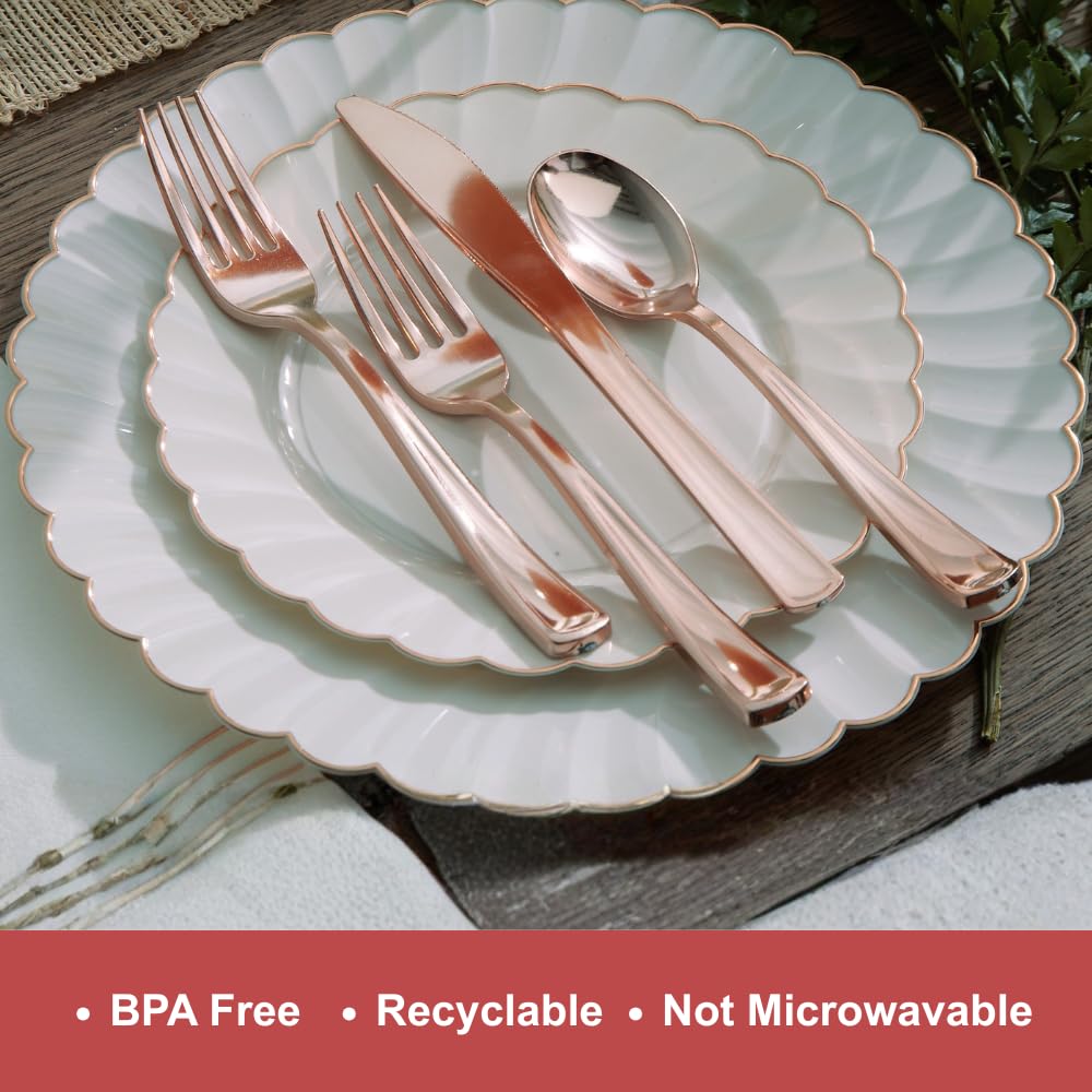 By Madee HEAVYWEIGHT 175 Pc Fancy Disposable Dinnerware Set | Ivory Rose Gold Scalloped Plates and Napkins, Cutlery Elegant Disposable Plates Set for Wedding, Bridal Shower, Baby Shower (25 Guests)