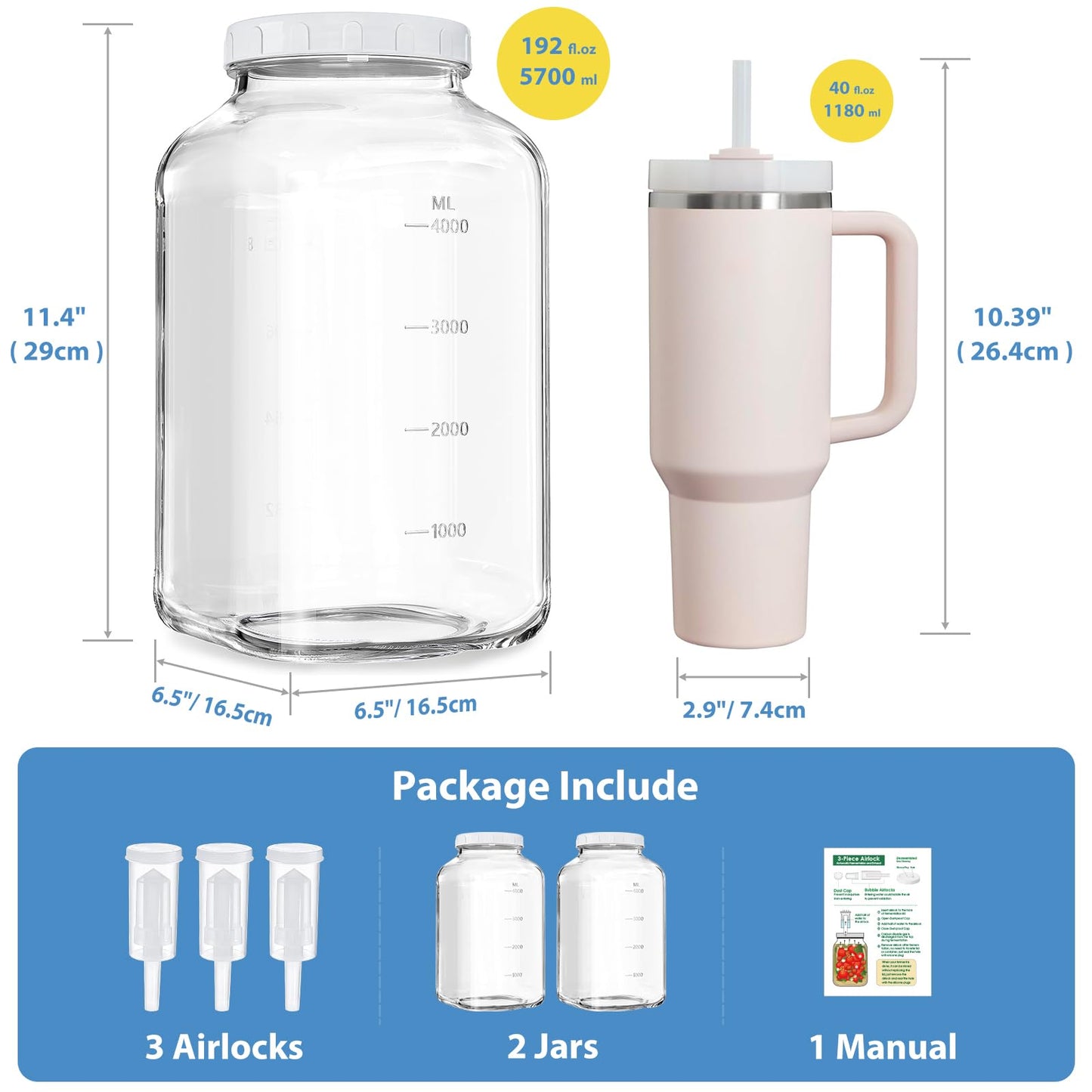 2 Pack Large Fermentation Jars, 1.5 Gallon Glass Jars with 100% Airtight Lid & 3 Airlocks, Large Mason Jars with Scale Line, Pickle Jar, Sourdough Starter Jar for Veggies, Sauerkraut, Kombucha