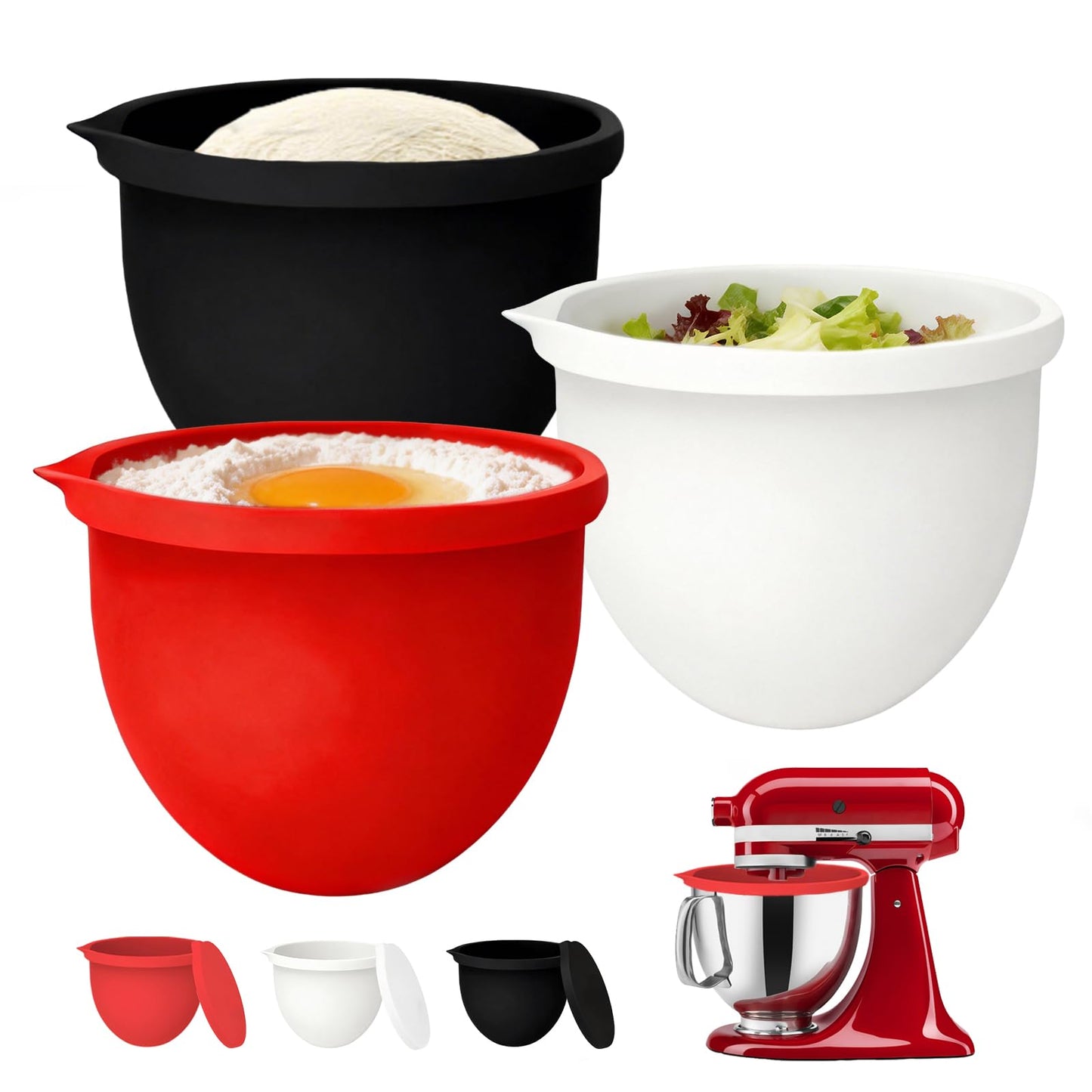Ezato 4.5/5QT Silicone Bowl Liners for KitchenAid Tilt-Head Stand Mixer, 3 Liners with Lids, Dishwasher Safe, Odourless, Heat-Resistant Safe, Mixer Accessories and Attachments for KitchenAid