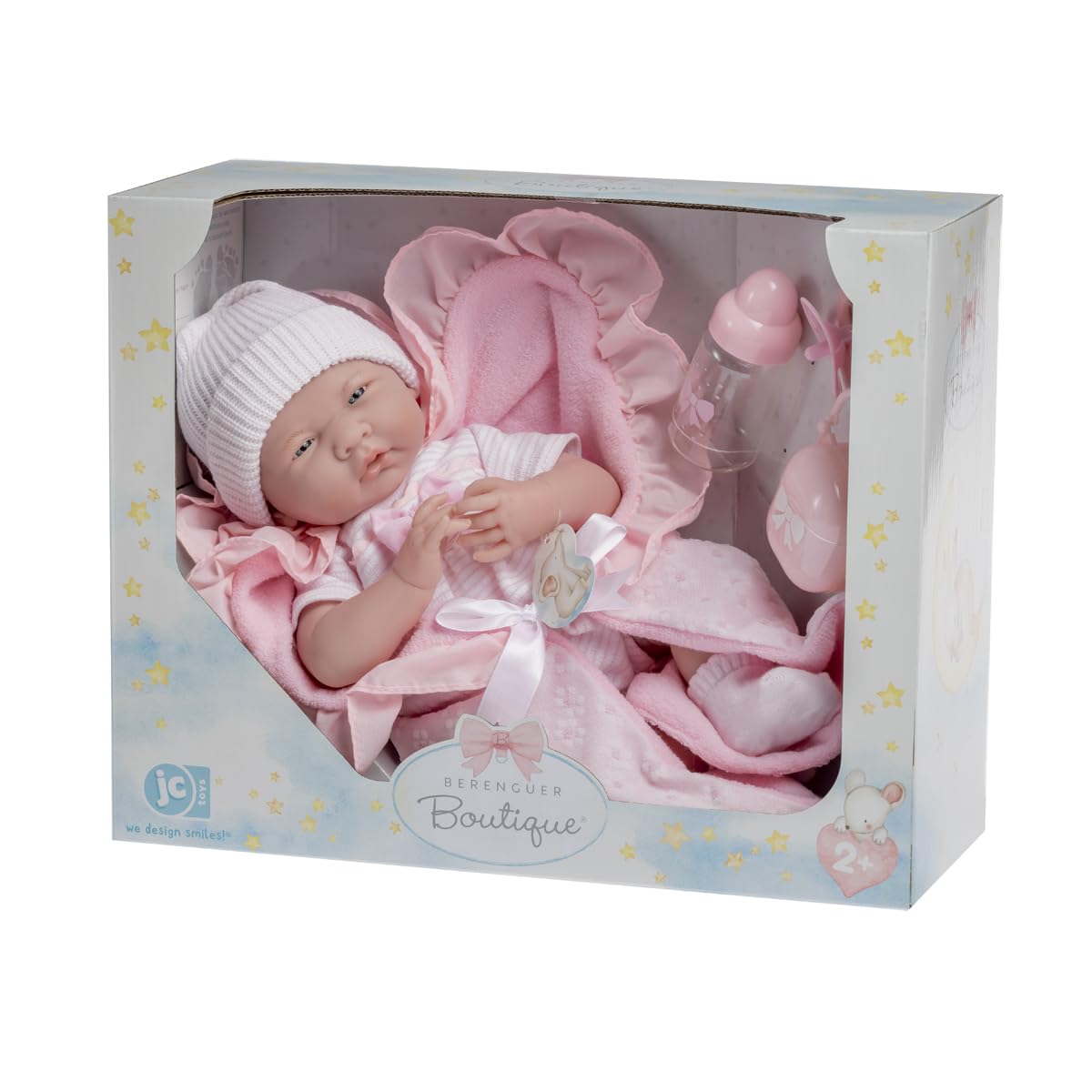 15.5" Realistic Soft Body La Newborn Doll | JC Toys - Berenguer Boutique | 8 Piece Gift Set with Bottle, Pacifier & Accessories | Pink | Ages 2+