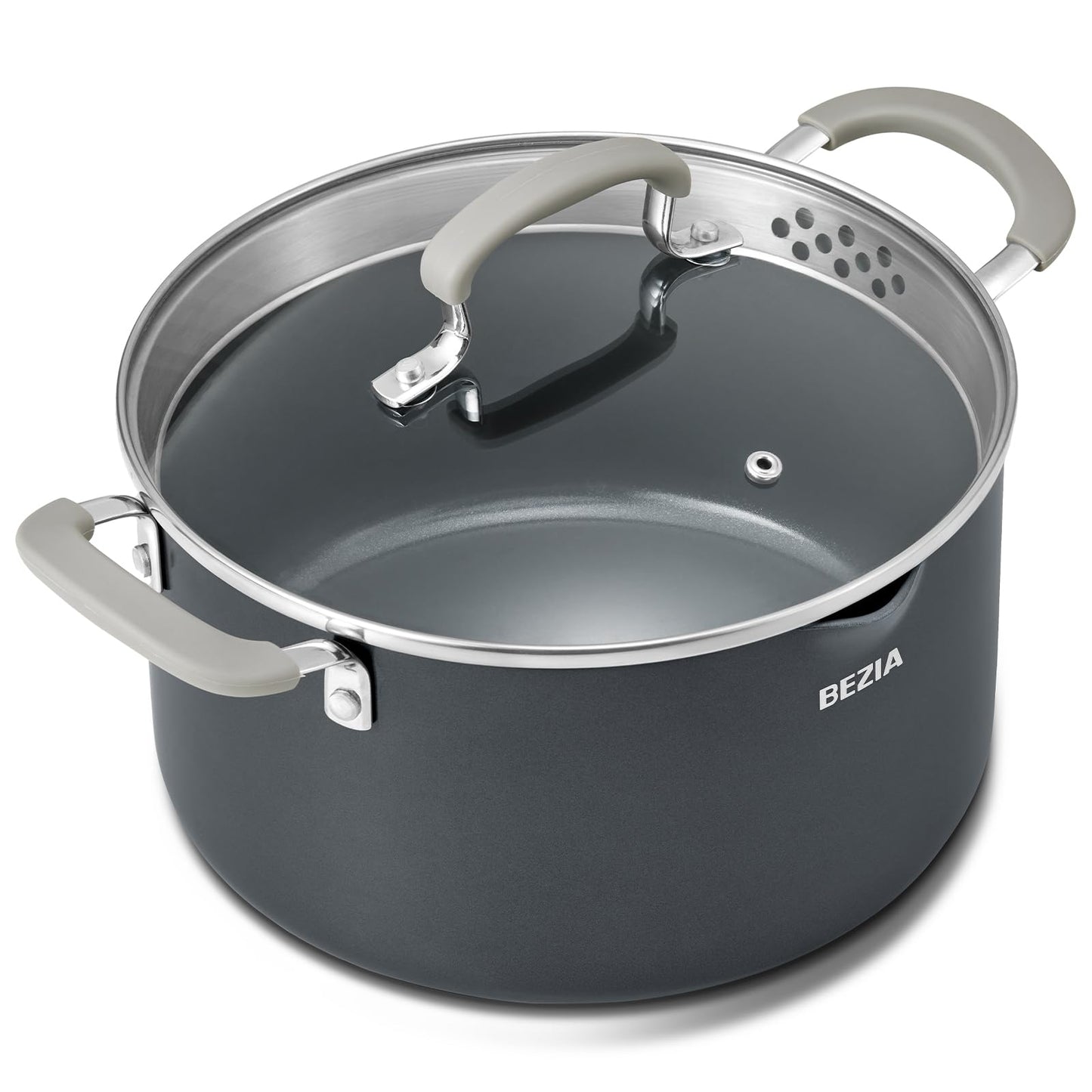 6 Quart Nonstick Stock Pot with Lid, BEZIA PFAS-Free Ceramic Soup Pot, Multipurpose Pasta Pot with Strainer Lid, Induction Cooking Pot, Silicone Handle, Compatible with All Cooktops, Dishwasher Safe