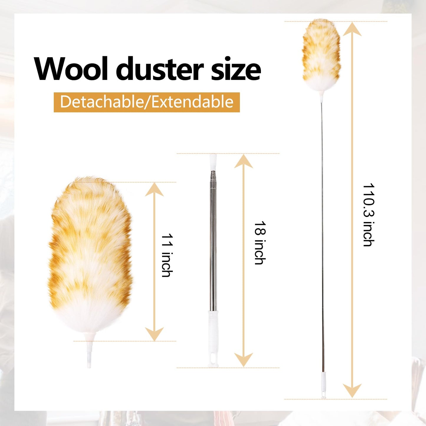 Lambswool Extendable Duster 29-110 Inch, Anti-Static Flexible Head, Stainless Steel Pole for High Ceilings, Fans, Interior & Roof Dusting.