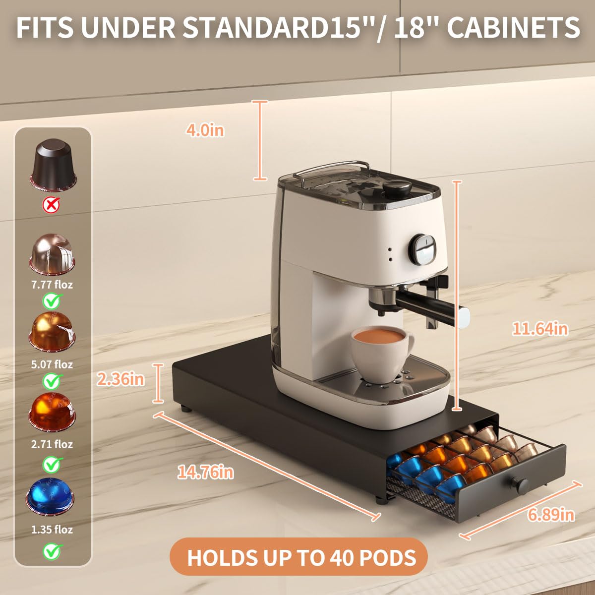 Pod Holder Drawer Compact Design with DeluxeTempered Glass Top, Compatible for Nespresso Pods, Holds up to 40 Pods