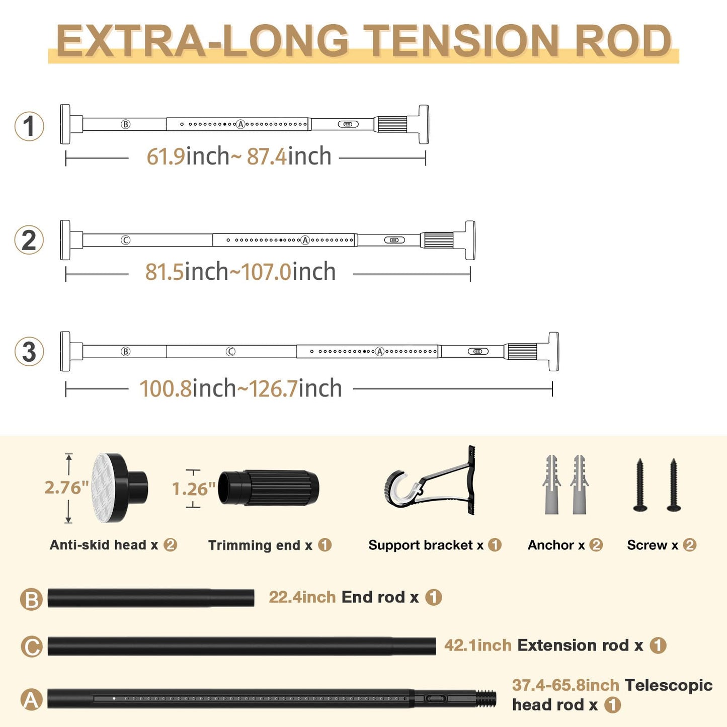 ZipGlo Black Tension Curtain Rod 41-126 In(4-10Ft), Long Curtain Rod No Drilling for Window or Bathroom,Outdoor Tension Rods for Patio, Heavy Duty Shower Rod,Rod Diameter 1.26In-One-bond stretching