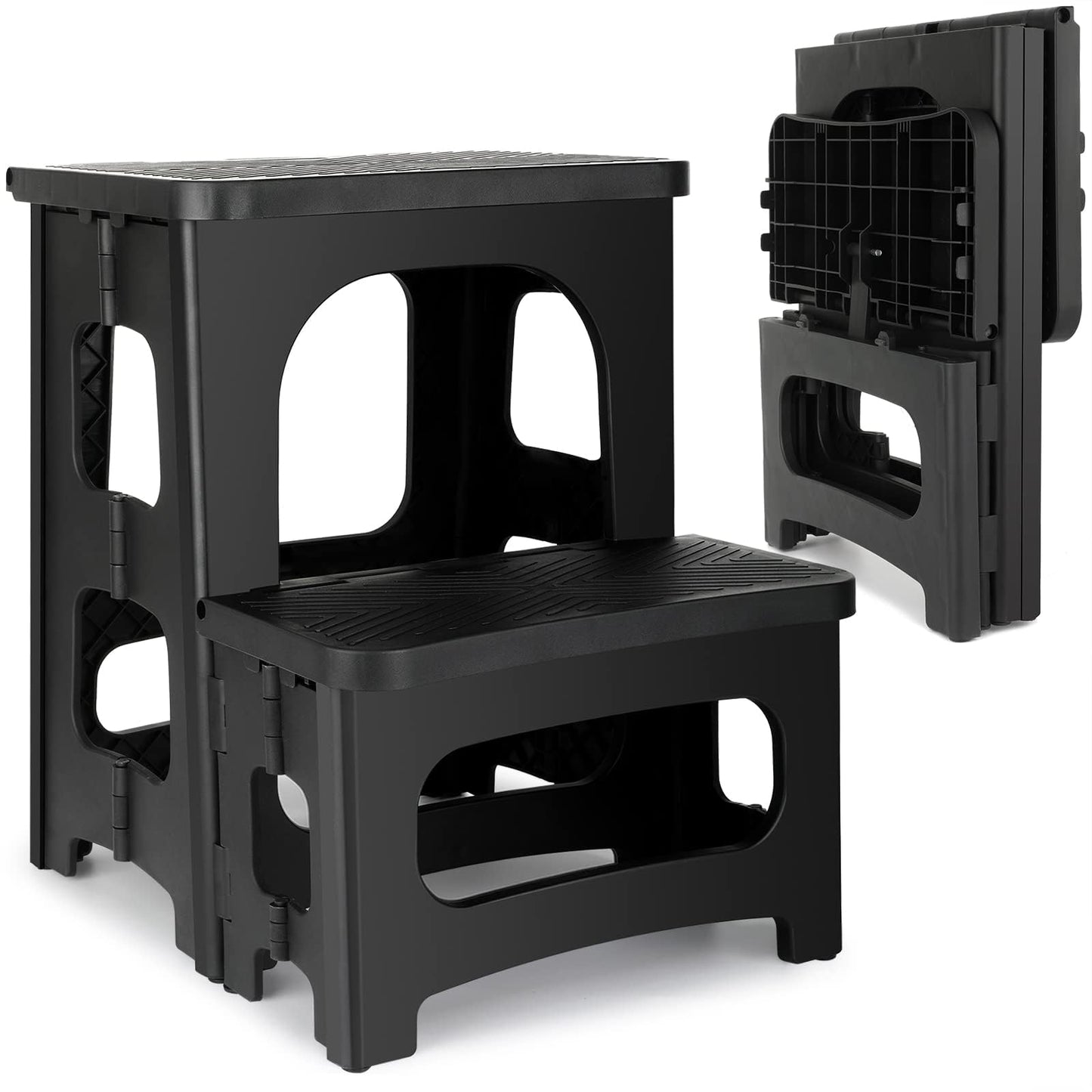 2 Step Folding Stool Non Slip 250 lb Capacity Foldable Step Stool 8 and 17 Inch Dual Height Portable Foot Stool for Kitchen Bathroom Black