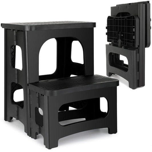 2 Step Folding Stool Non Slip 250 lb Capacity Foldable Step Stool 8 and 17 Inch Dual Height Portable Foot Stool for Kitchen Bathroom Black