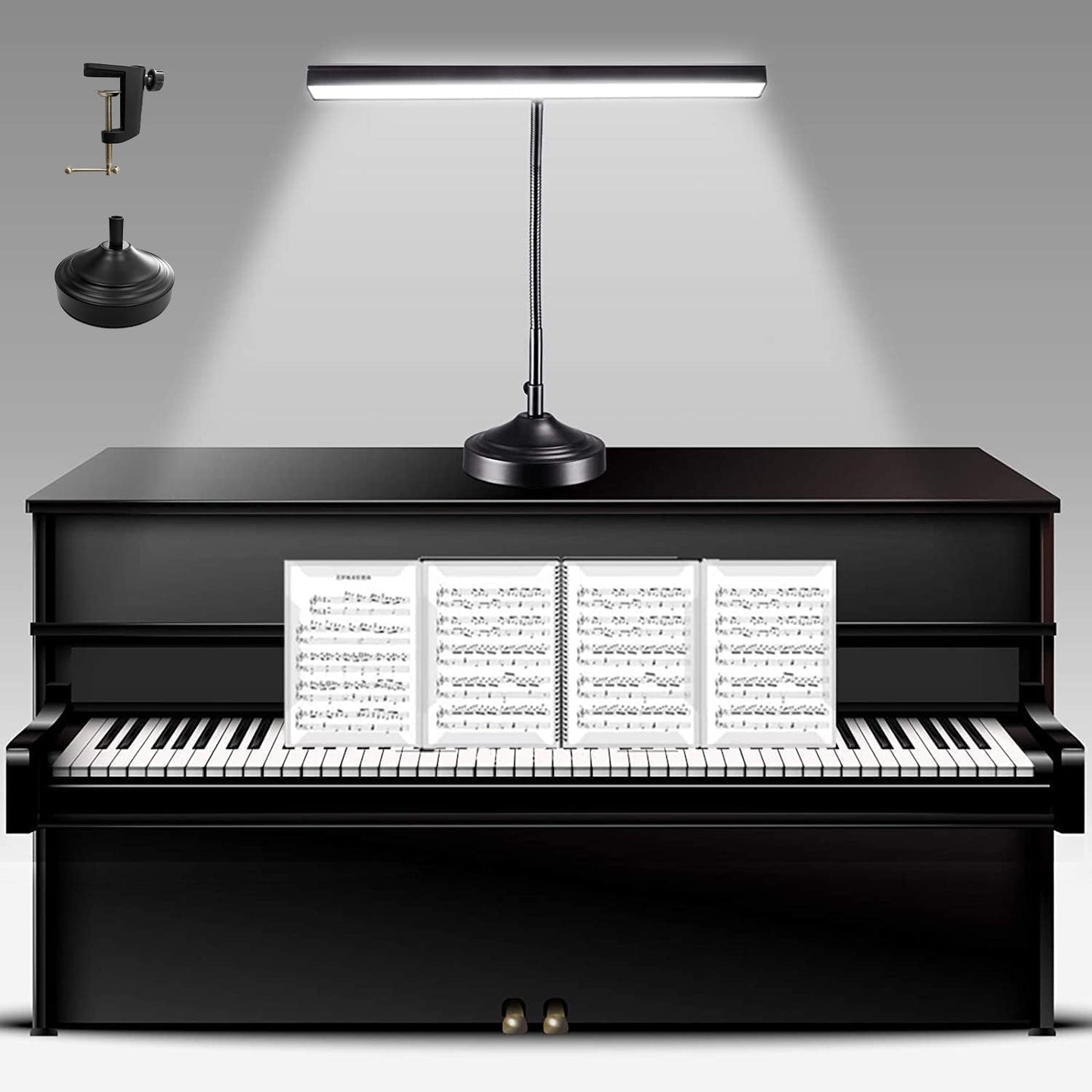 Piano Desk Lamp, 2-in-1 LED Piano Light for Upright Digital Grand Piano, 10W Flexible Gooseneck Table Lamp with 3 Color Modes×10 Brightness for Home Office Bedroom, Black (With Base and Clamp)