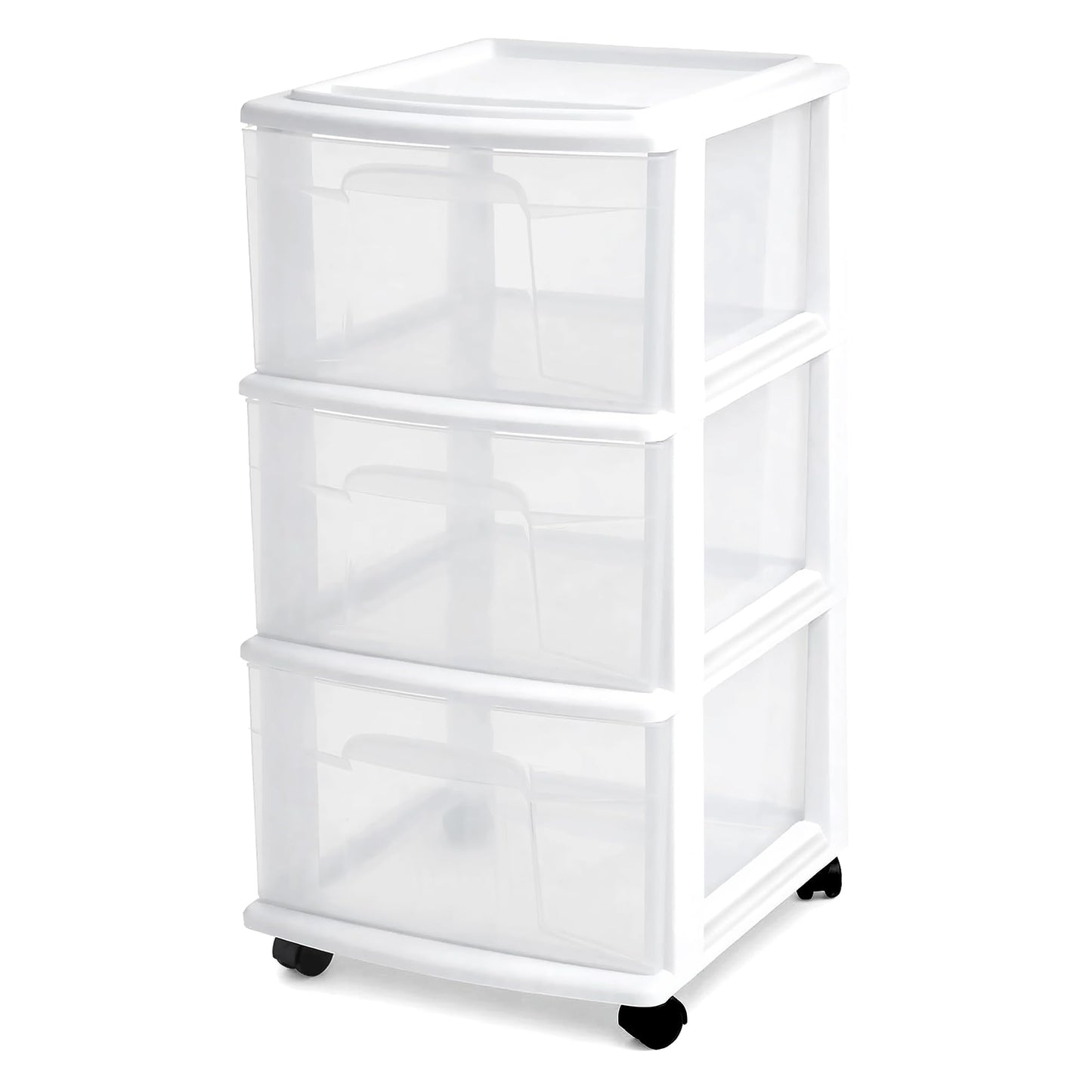 HOMZ Drawer Tower, 3-Tier Rolling Storage Cart with Removable Wheels, White Frame – Plastic Organizer with Clear Bin Drawers for Bedroom, Bathroom, Home Office, and Dorm Room