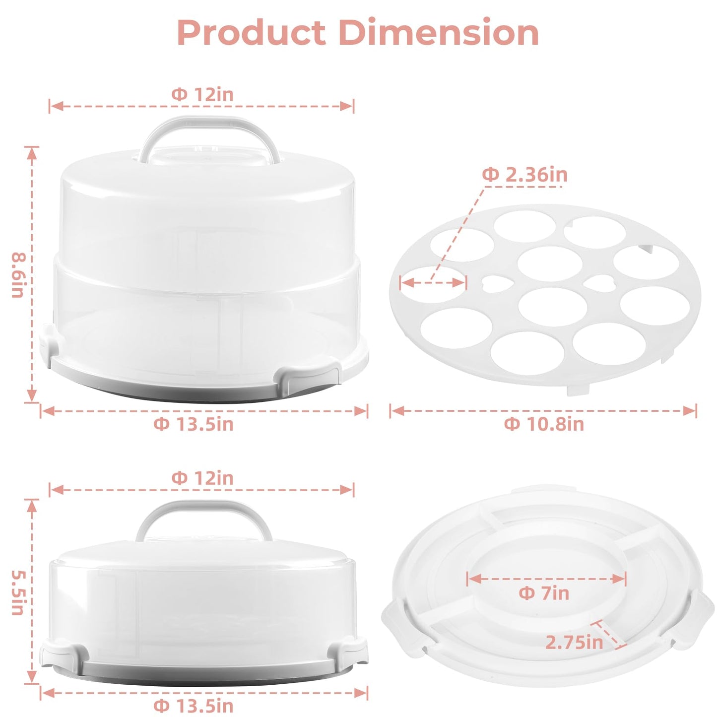 12in Extra Large Cake Carrier with Lid and Handle, Holds up to 12" round 7" high cake, Portable Cake Container for Transport Pies, Cupcakes, Cakes and More