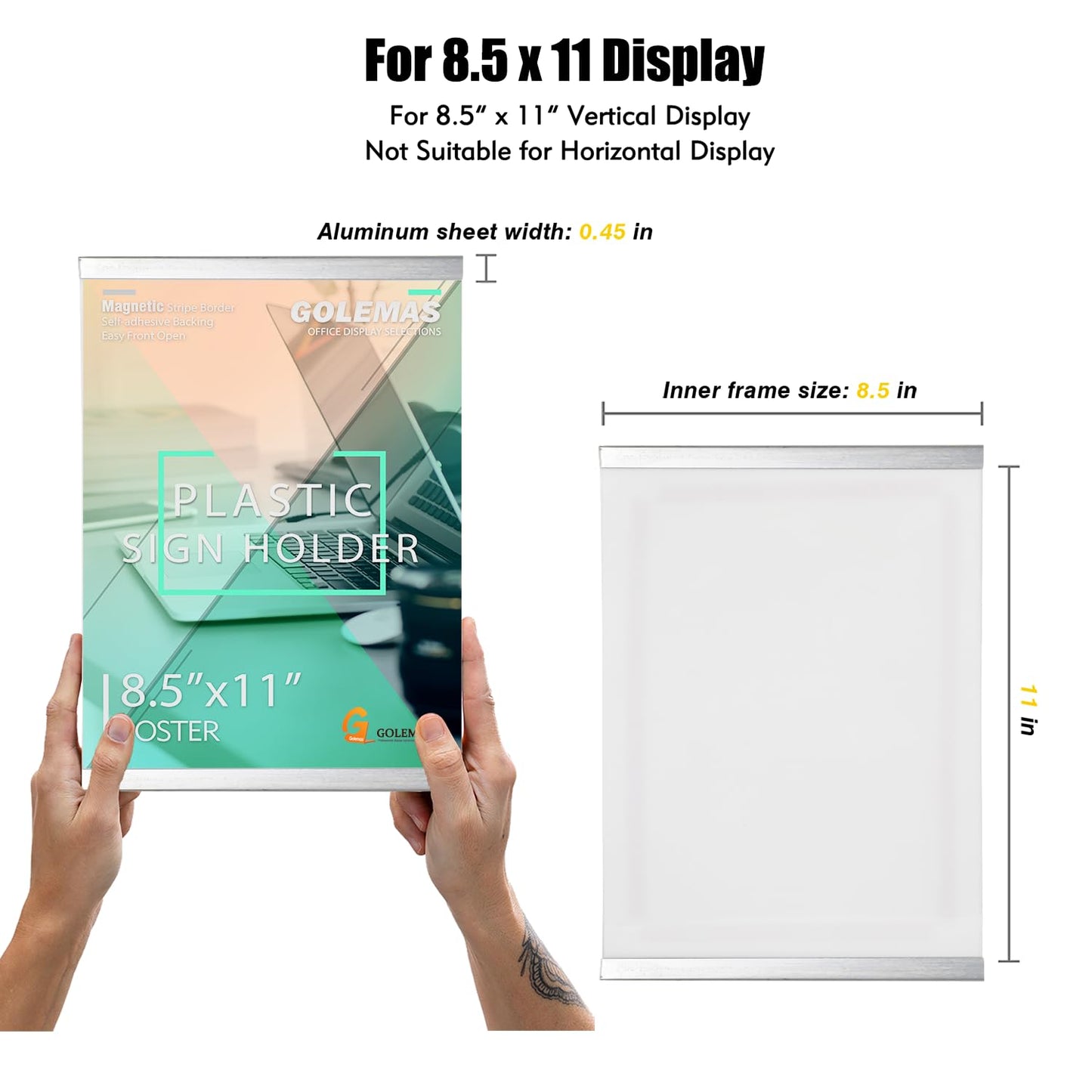 Golemas Acrylic Magnetic Sign Holder, Easy-Opening 8.5 x 11 Wall Mount Display Frames, Self Adhesive Back Plastic Clear Document Holder, Silver Aluminium Strips Frame (6Pack)