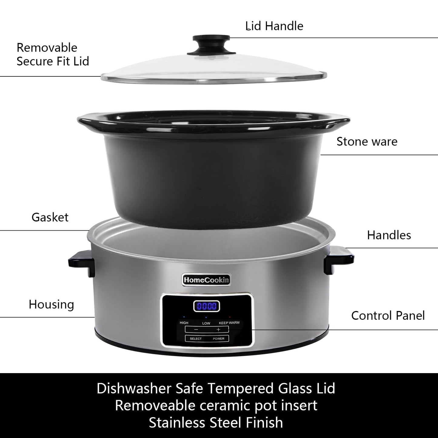 8-Quart Digital Programmable Slow Cooker with Timer - Small Kitchen Appliance for Family Dinners - Serves 10+ People - Heat Settings: Keep Warm, Low and High