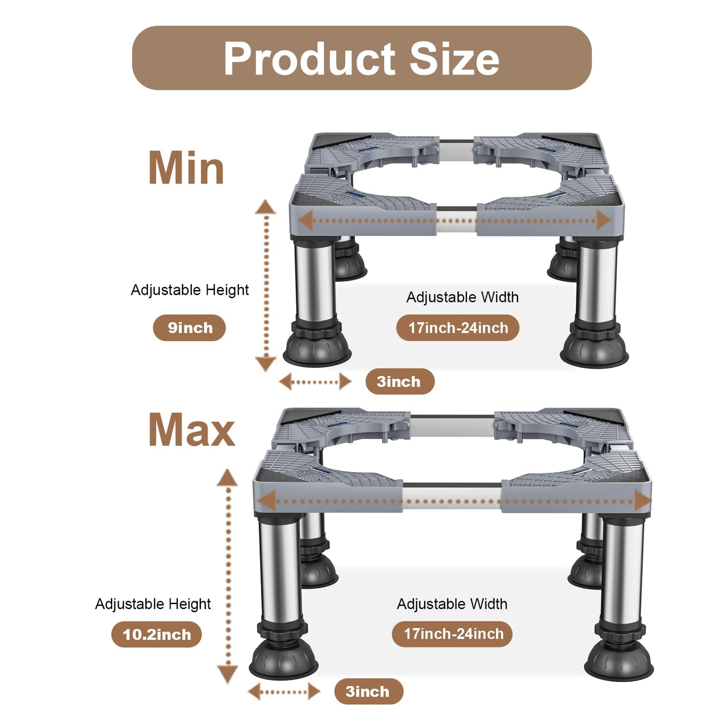Mini Fridge Stand with Silicone Drip Tray Mat, Adjustable Height 9"-10.2" Washer Dryer Pedestal Stand with Stainless Steel Feet, Universal Appliance Base for Mini Fridge, Washing Machine, Dorm Room