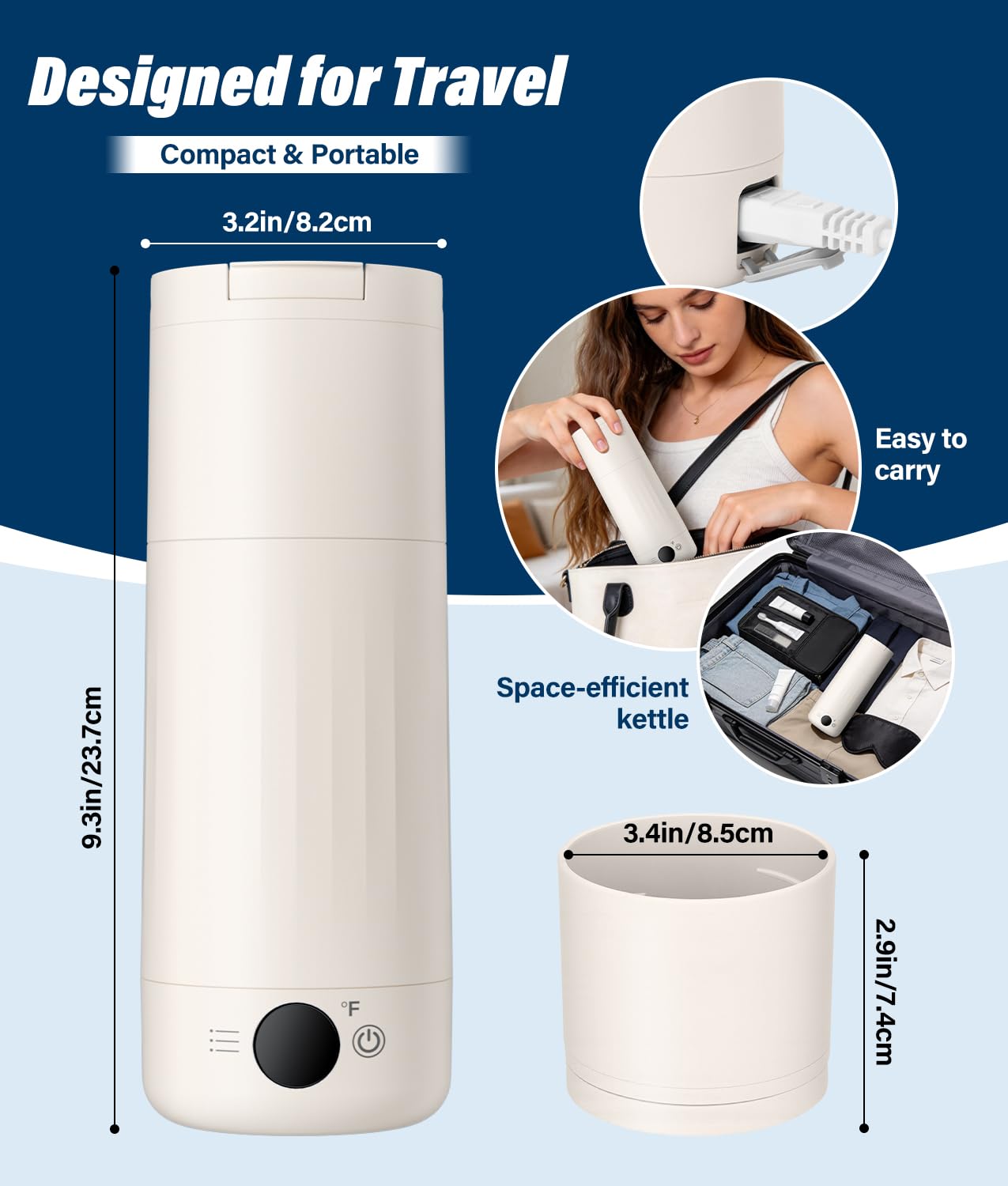 Portable Electric Kettle for Travel, 316 Stainless Steel Kettle, Hot Water Boiler with 2-In-1 Lid & Cup, 500ML Travel Tea Kettle with 8 Temperature Control, Auto Shut-Off & Boil Dry Protection (White)