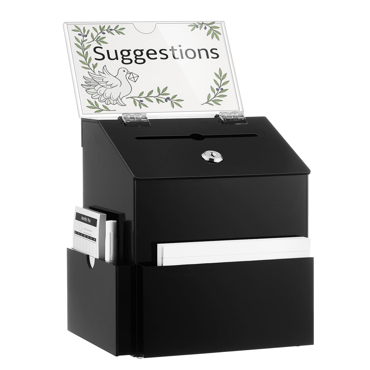 Juexica Suggestion Box, Acrylic Black Donation Box with 2 Slots and Lock, 7.9 x 6.7 x 8.7 Inches Raffle Jar with Sign Plate, Ballot Prayer for Fundraising Tip Drop, Voting, Charity