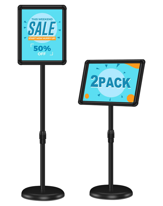 VRAZY 2 Pack Sign Holder Stand 8.5x11 inch for Display, Height Adjustable Floor Standing Signage Stand with 360° Rotated Snap Open Frame for Malls, Schools, Advertising, Outdoor Poster Stand