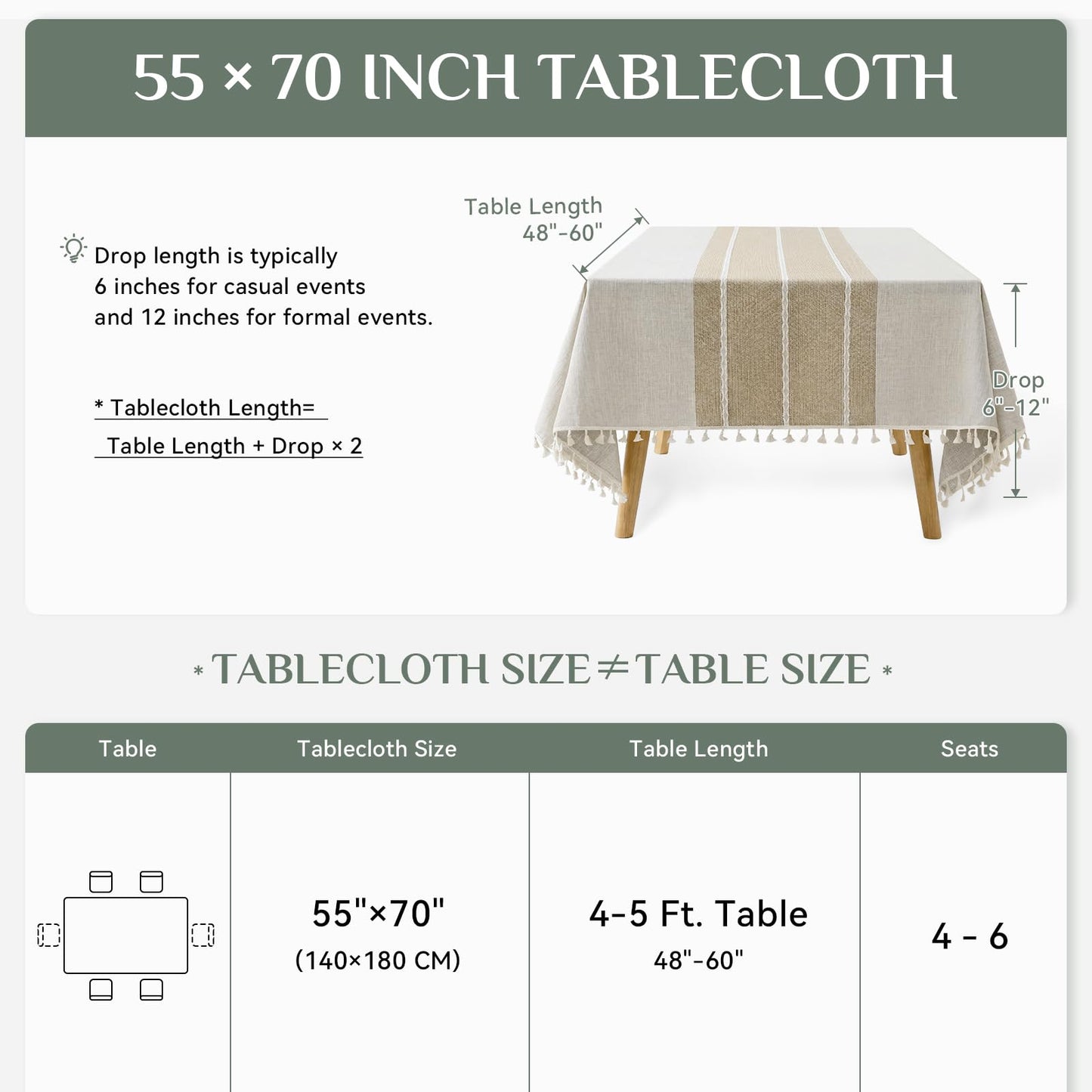 Softalker Outdoor Linen Tablecloth Rectangle, Waterproof Cotton Boho Farmhouse Table Cloths with Tassel, Heavy Weight Wrinkle Free Table Cover for Picnic Camping Dining - 55 x 70 Inch, Coffee Lines