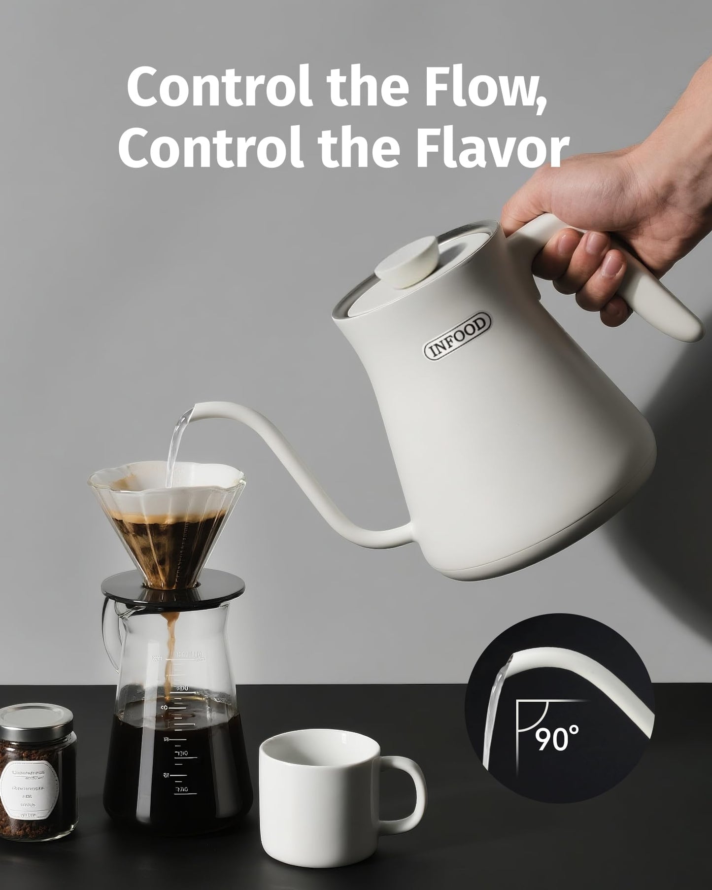 INFOOD 0.8L Gooseneck Electric Kettle, Precise Temperature Control for Pour Over Coffee & Tea, 1200W Fast Boiling Water, Auto Shut Off, Scheduling, Stainless Steel, White