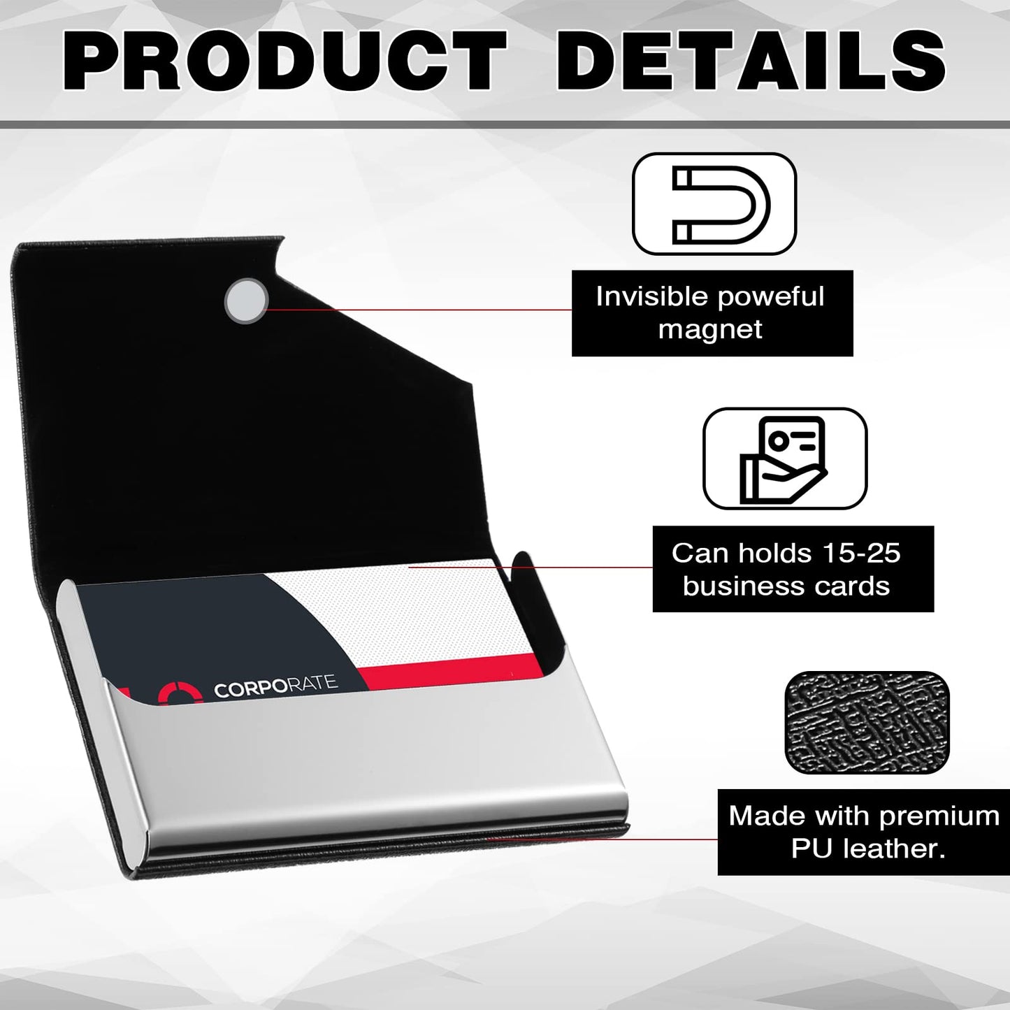 Yexiya 20 Pieces PU Leather Business Card Holder with Magnetic Closure Stainless Steel Slim Wallet Case for ID Credit Card Women Men(Black)