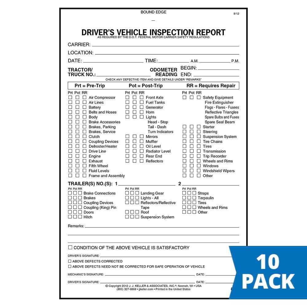 Detailed Driver's Vehicle Inspection Report (Pre- & Post-Trip) 10-pk. - Book Format with 31 Sets, 2-Ply Carbonless, 5.5" x 8.5", Meet FMCSR Requirements, J. J. Keller & Associates, Inc.