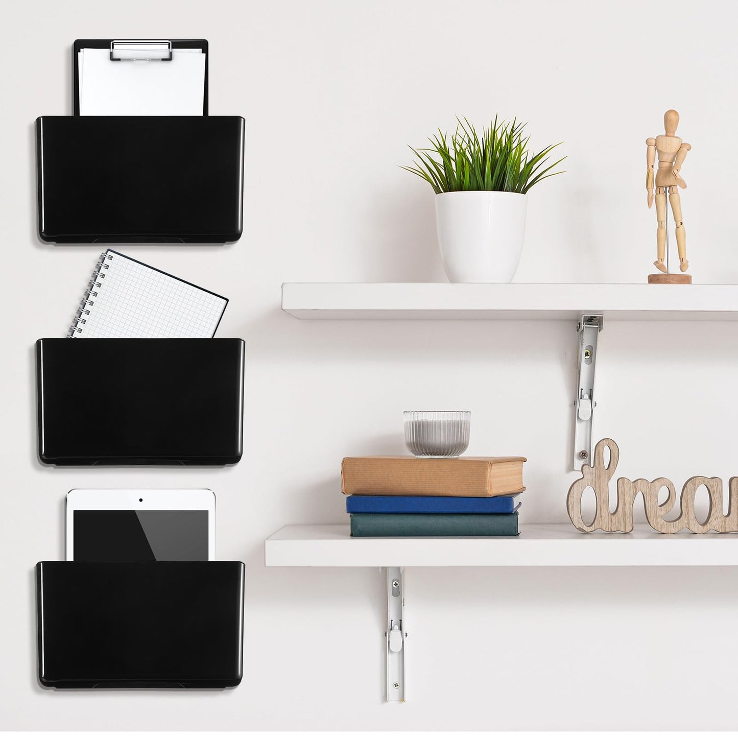 Tenceur 10 Pcs Single Pocket Wall Mount File Holder Black Plastic Wall Pocket with Screws and Tape Hanging File Organizer Letter Holder for Home Letters Mail Magazine Office