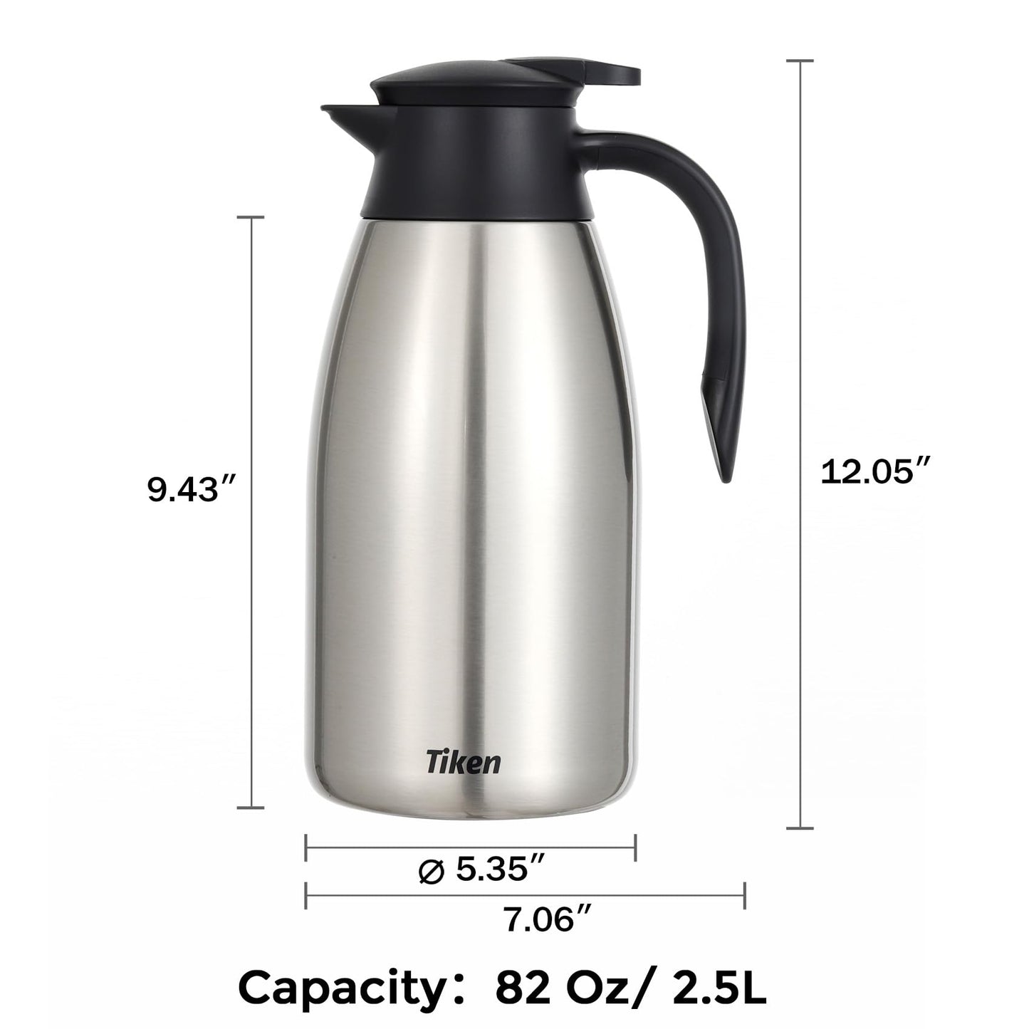 Tiken 85 Oz Thermal Coffee Carafe, Stainless Steel Insulated Vacuum Coffee Carafes For Keeping Hot, 2.5 Liter Beverage Dispenser (Silver)