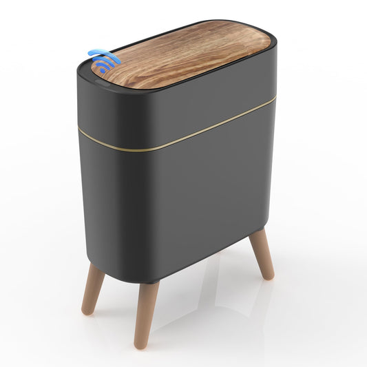 suyika Automatic Trash Can, 2.6 Gallon/10L Bathroom Trash Can with Lid - Wood Grain Lid and Legs, Touchless Waterproof Garbage Bin for Bedroom, Bathroom, Office, Living Room