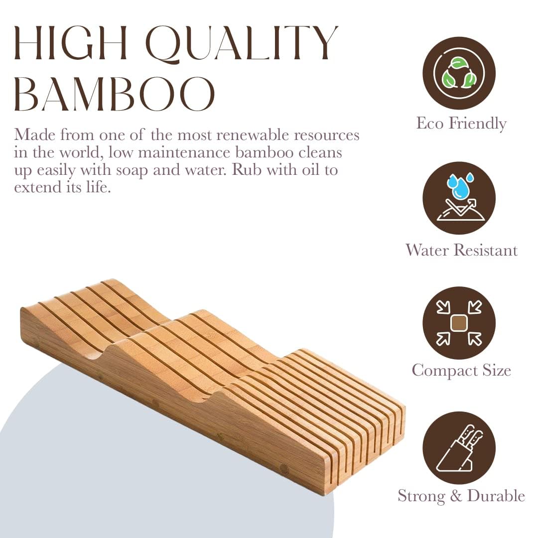 Bellemain 100% Pure Bamboo in Drawer Knife Block | 16 Knife Slots Knife Drawer Organizer | Store Knives Safely with The Blades Down | Storage Solution for Your Kitchen | Knife Organizer Drawer Insert
