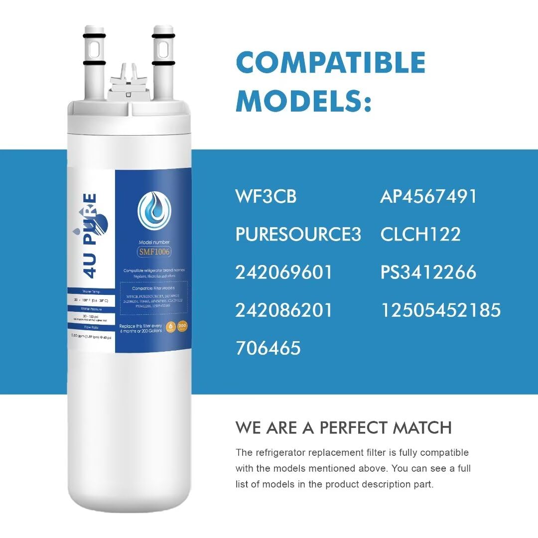WF3CB Refrigerator Water Filter, Replacement for Pure Source 3, 706465, 242086201, 242086203, 242294501, 242069601, AP4567491, WF425, 3 Pack (Height 9 inches)